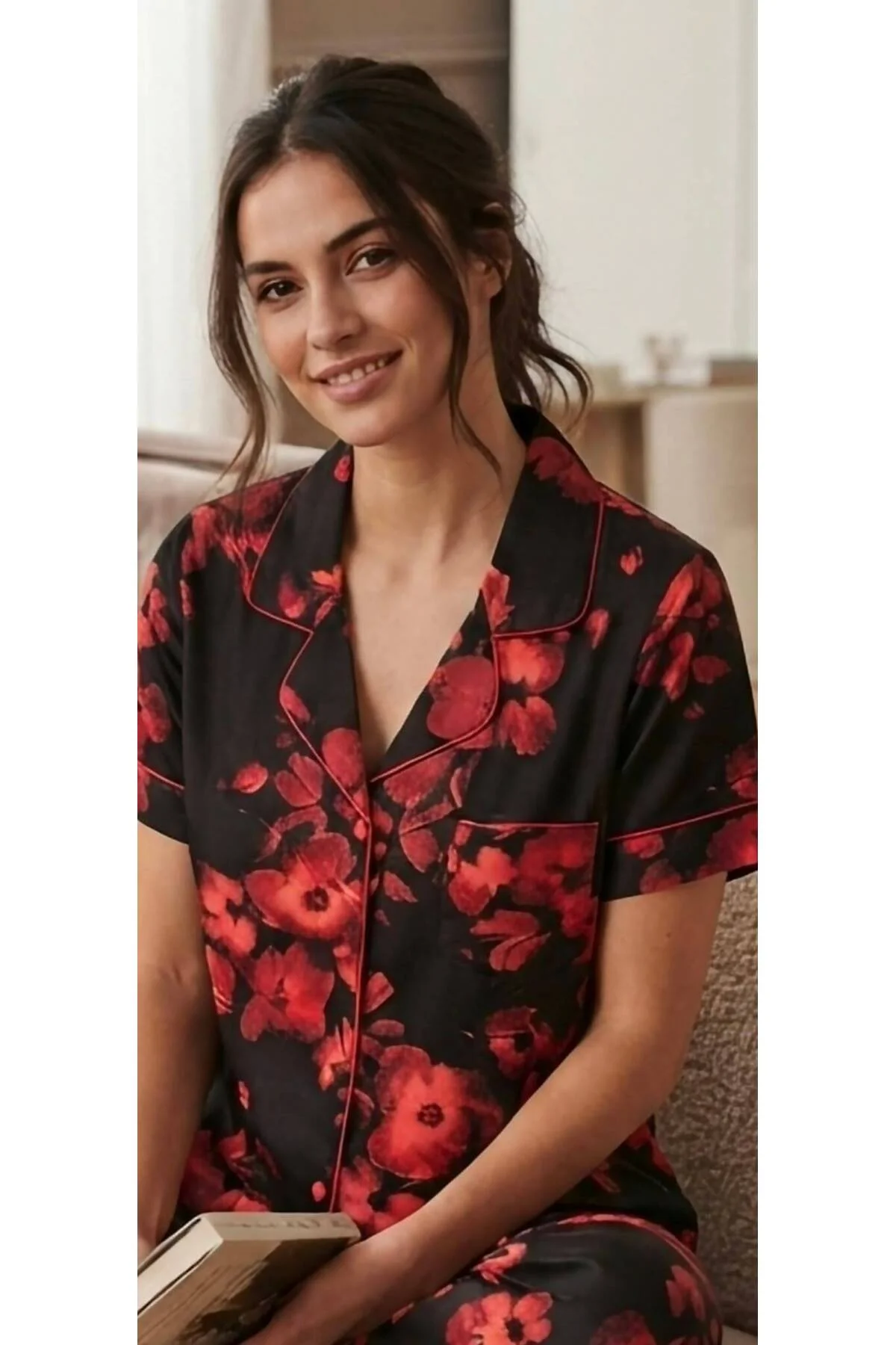 Kısa Kol Pamuk Saten Kadın Pijama Takımı Siyah
