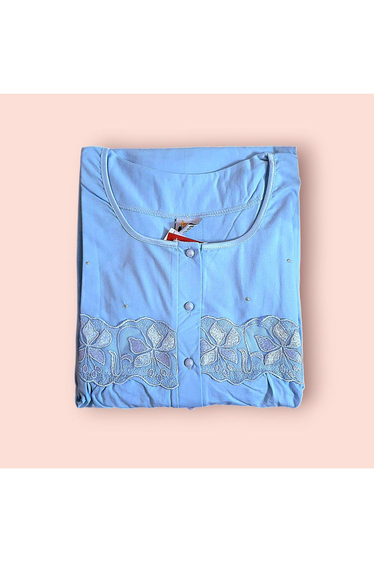 Kısa Kol Pamuklu Gecelik Anne Geceliği MAVİ