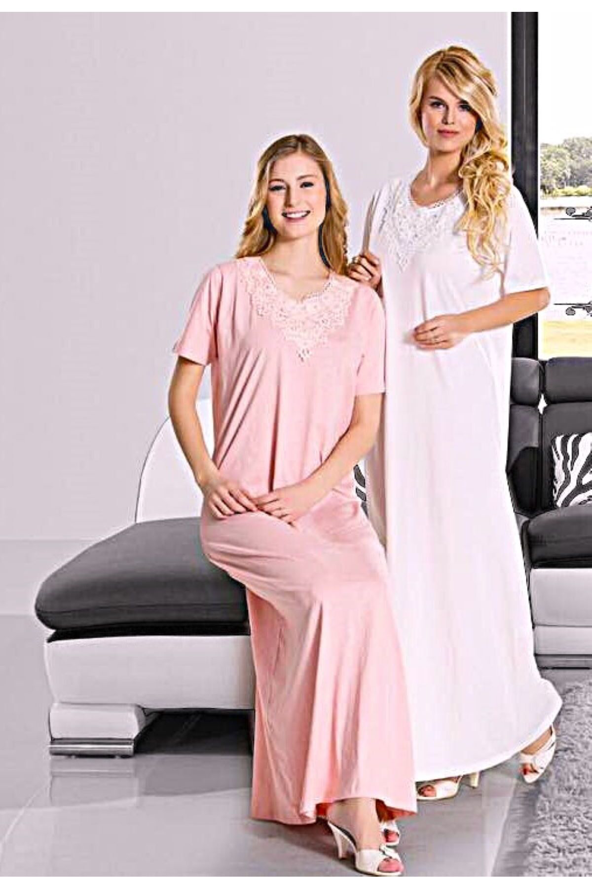 Dika Kısa Kol Uzun Boy Kadın Gecelik Somon