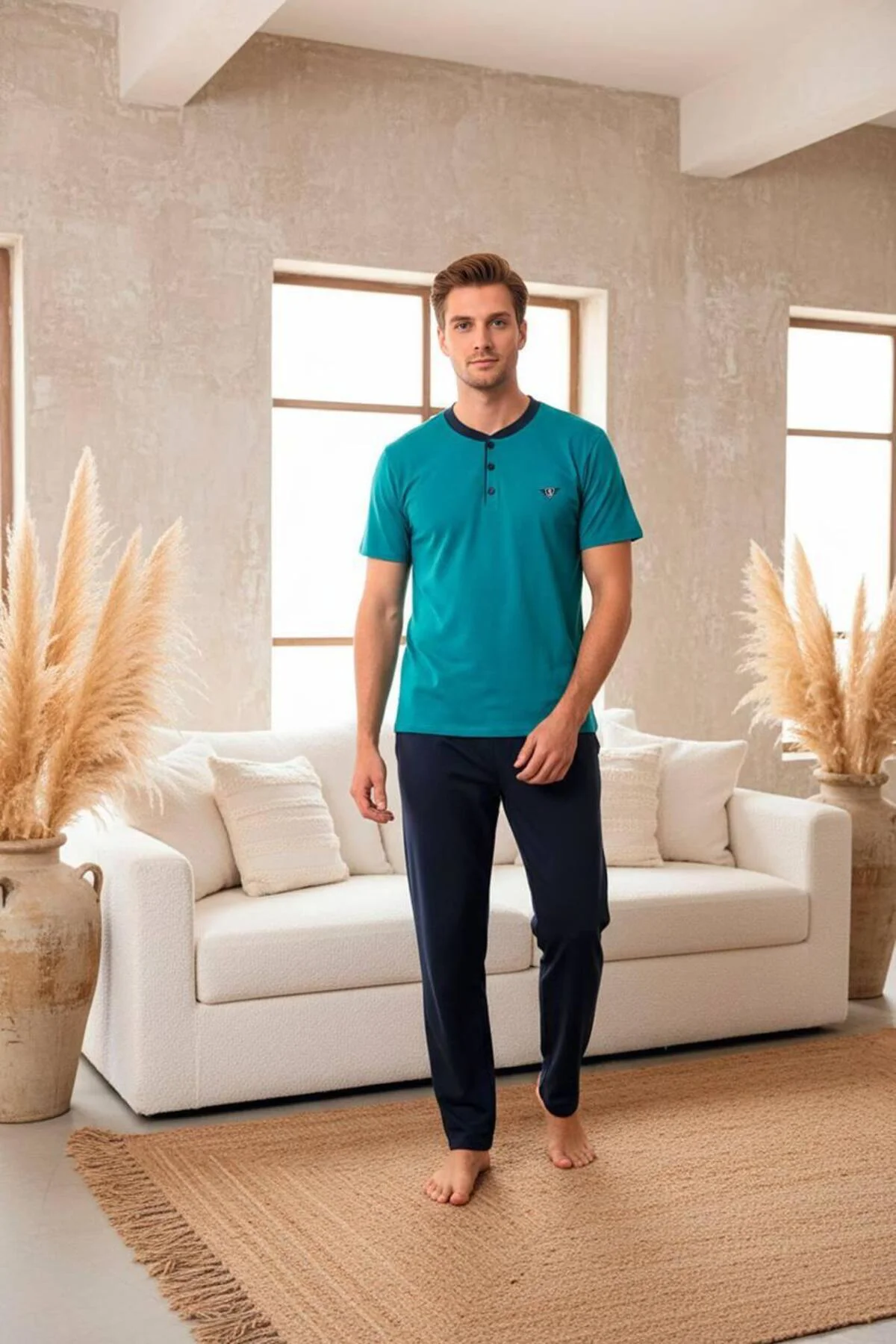 kısa kol yaka düğme detaylı pamuk erkek pijama takımı