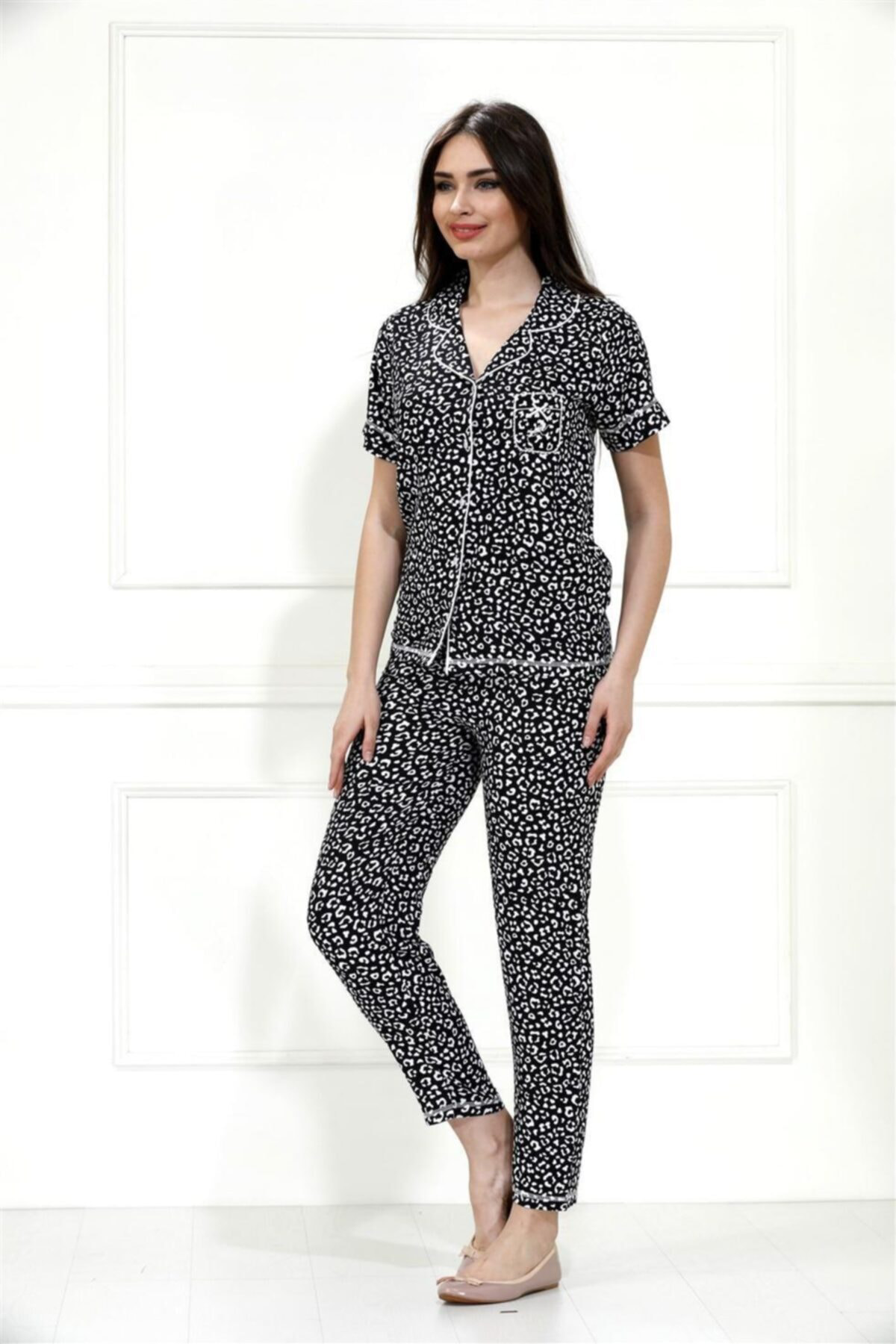 Kısa Kol Yazlık Bambu Dokuma Kumaş Pijama Takımı / 98003