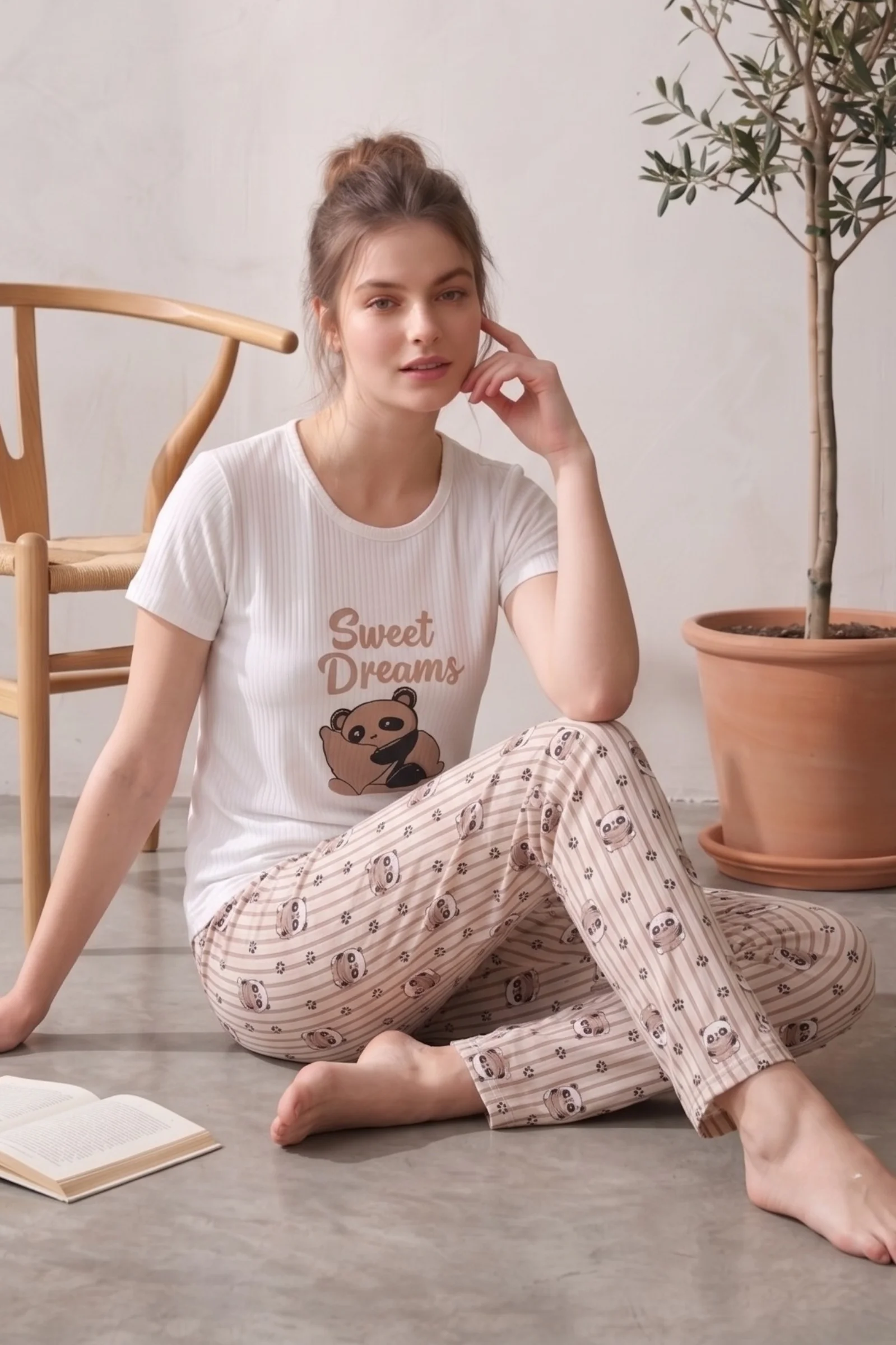 Kısa Kollu Desenli Yazlık Kadın Pijama Takımı, Bej, M Fiyatı, Yorumları ve Özellikleri