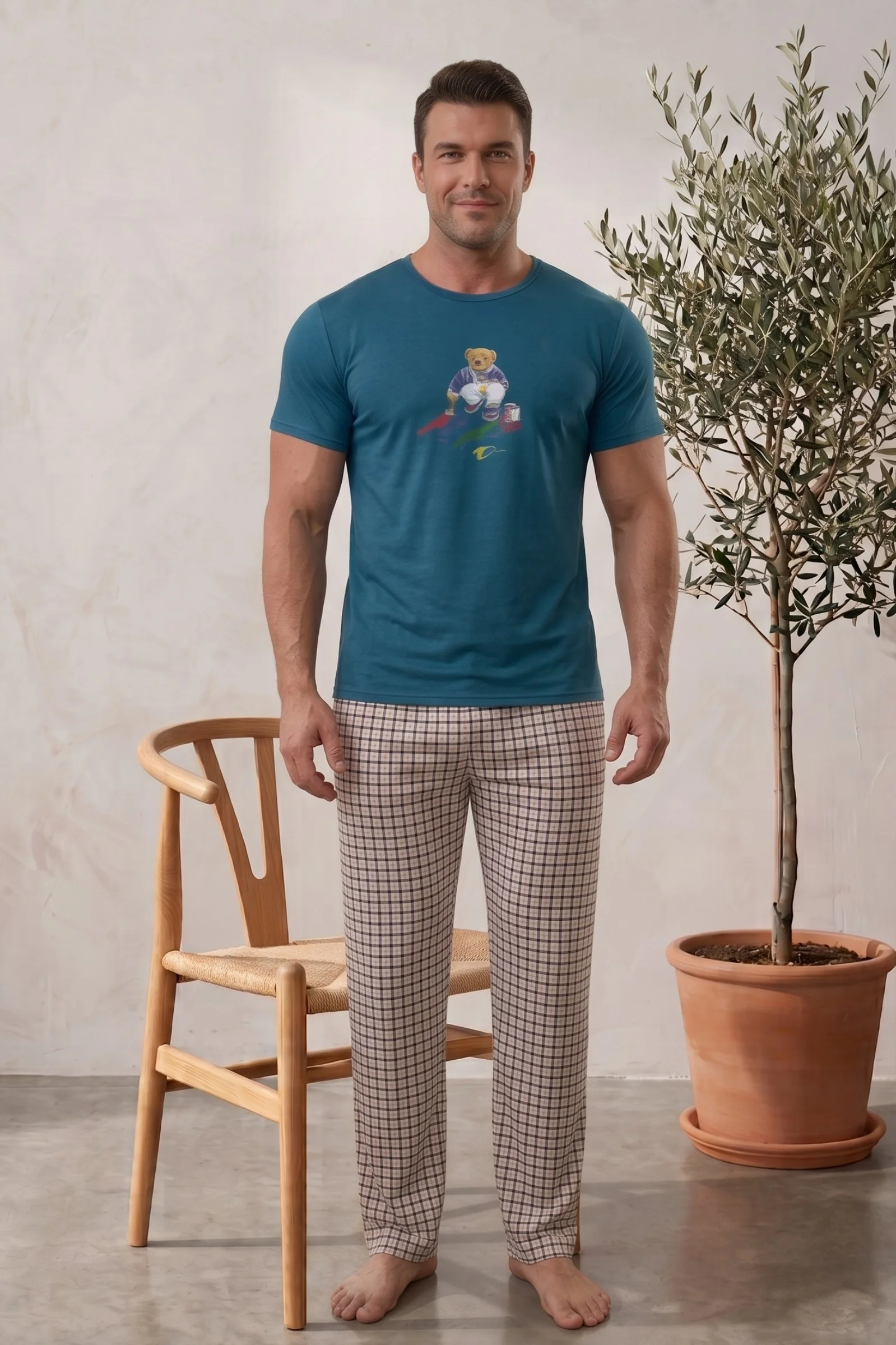Kısa Kollu Kareli Ayı Desenli Ekonomik Erkek Pijama Takımı, Petrol, M