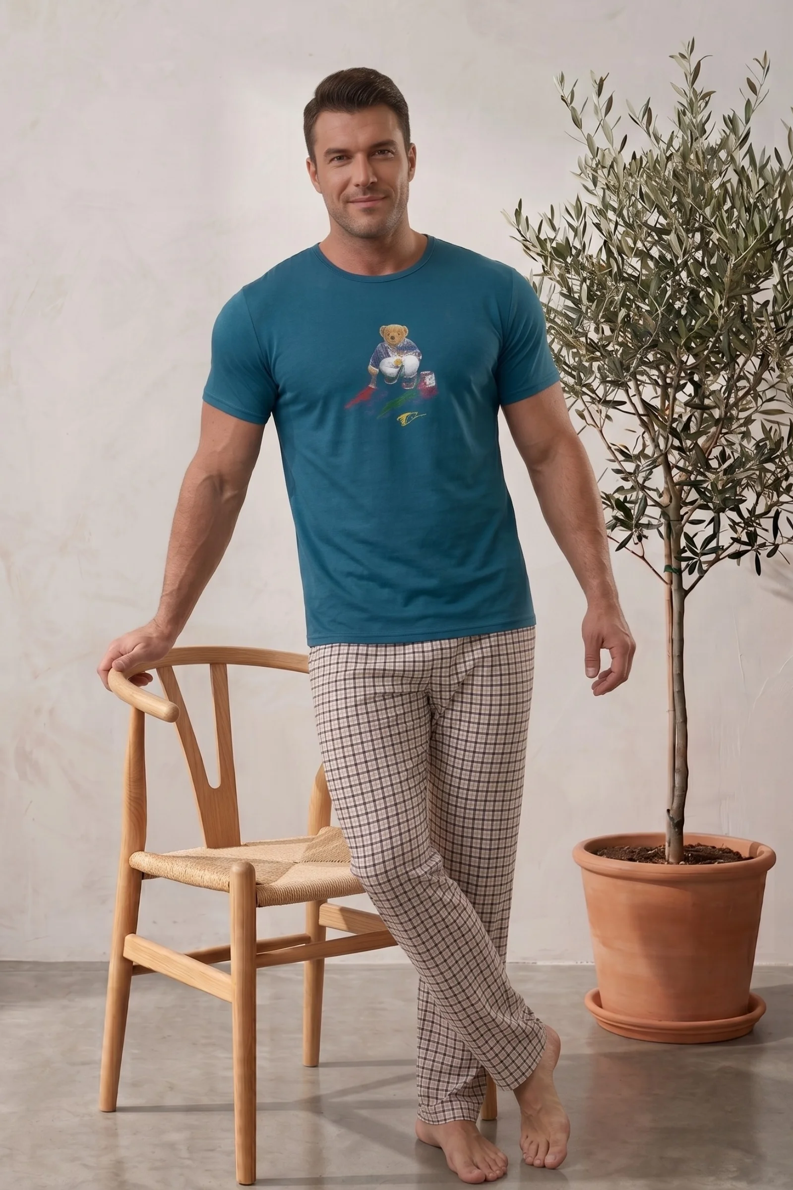 Kısa Kollu Kareli Ayı Desenli Ekonomik Erkek Pijama Takımı, Petrol, M