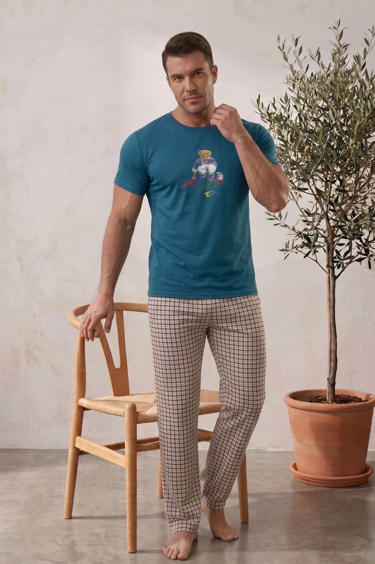 Kısa Kollu Kareli Ayı Desenli Ekonomik Erkek Pijama Takımı, Petrol, M