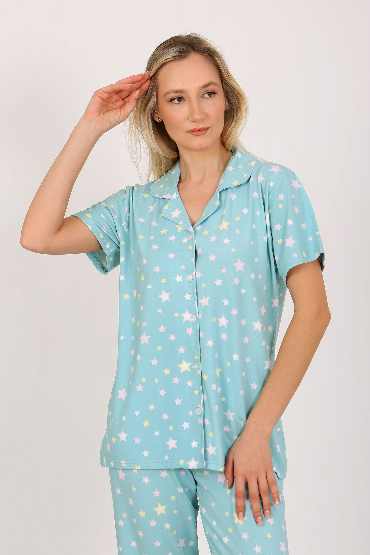 Kısa Kollu Milan Gömlek Pijama Takımı- Genç Anne Serisi 2XL-Mavi Kısa Kollu Milan Gömlek Pijama Takımı- Genç Anne Serisi 2XL-Mavi