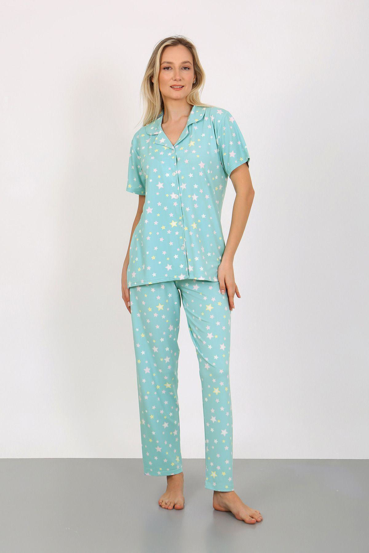 Kısa Kollu Milan Gömlek Pijama Takımı- Genç Anne Serisi 2XL-Mavi Kısa Kollu Milan Gömlek Pijama Takımı- Genç Anne Serisi 2XL-Mavi