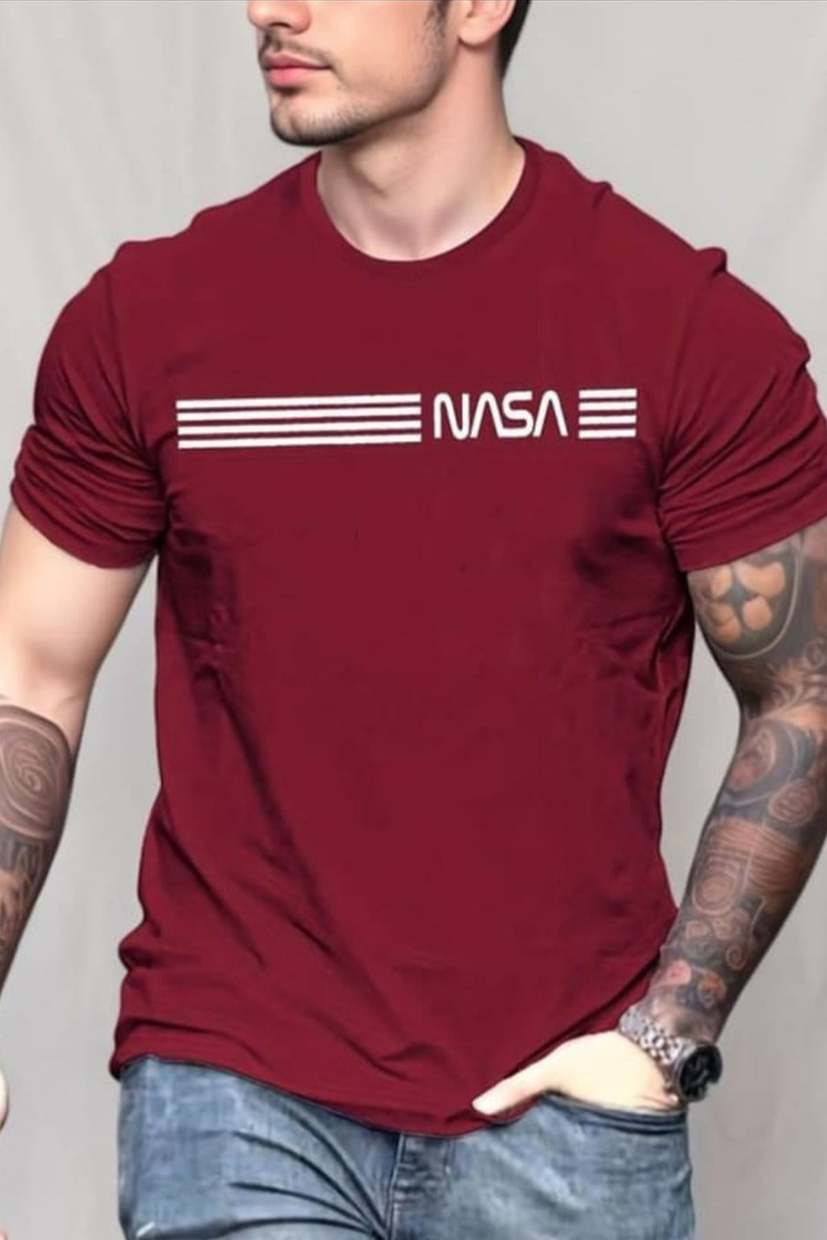 Kısa Kollu Nasa Baskı Baskı Basic Erkek T-Shirt