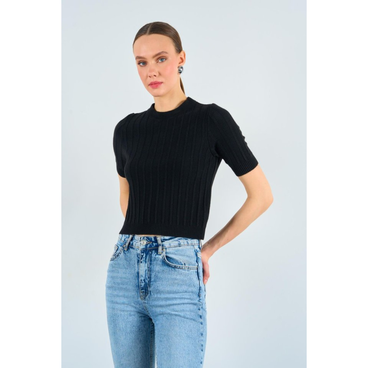 Kısa KolluLucky Life Kadın  Tek Fitilli Kazak - Siyah