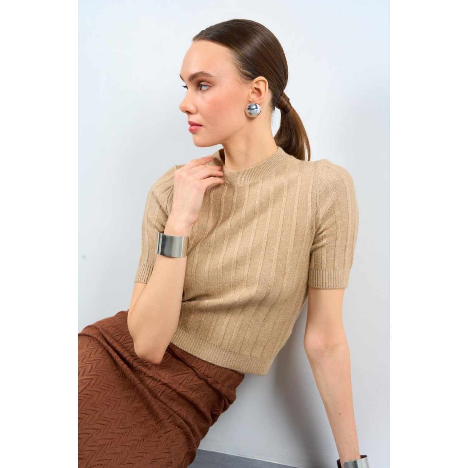 Kısa KolluLucky Life Kadın  Tek Fitilli Kazak - Bej