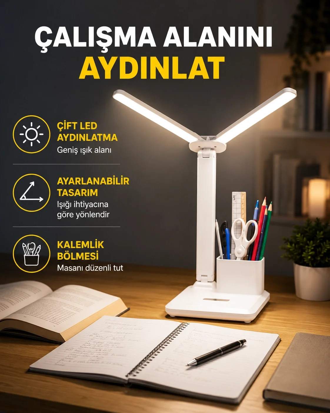 Kısılabilir LED Masa Lambası – Kalemlik ve Telefon Standlı, Göz Yormayan Işık Yeni Nesil Fiyatı, Yorumları ve Özellikleri