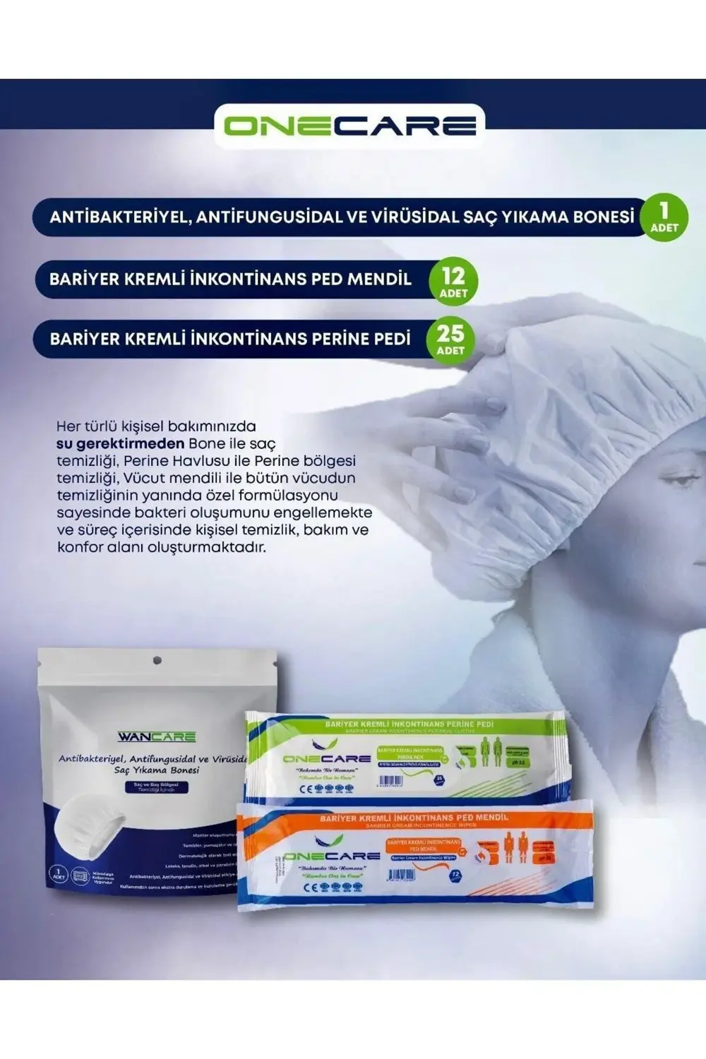 Kişisel Temizlik Hijyen Kiti (SAÇ YIKAMA BONESİ PERİNE PEDİ PED M