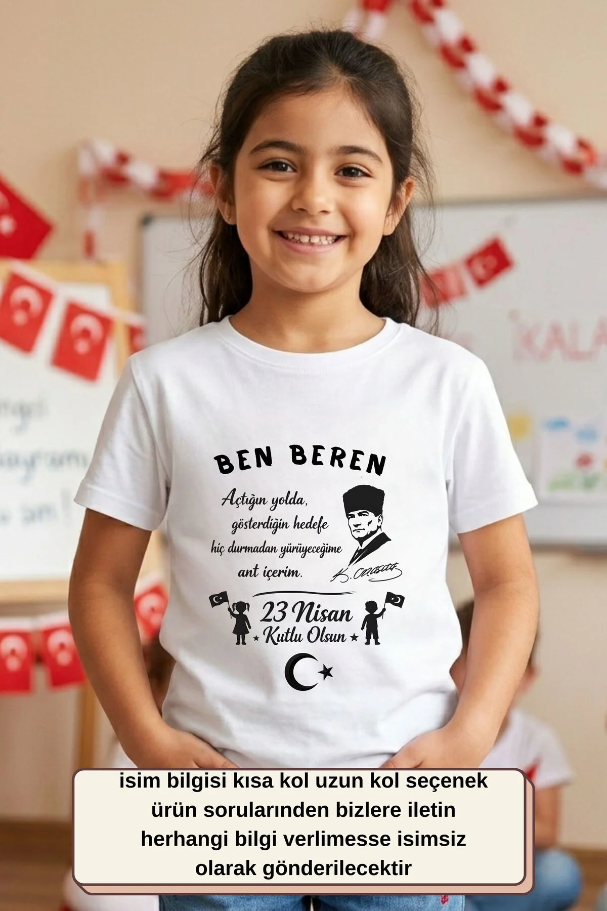 Kişiye Özel 23 Nisan Çocuk Tişörtü – Atatürk Baskılı İsimli Tasar