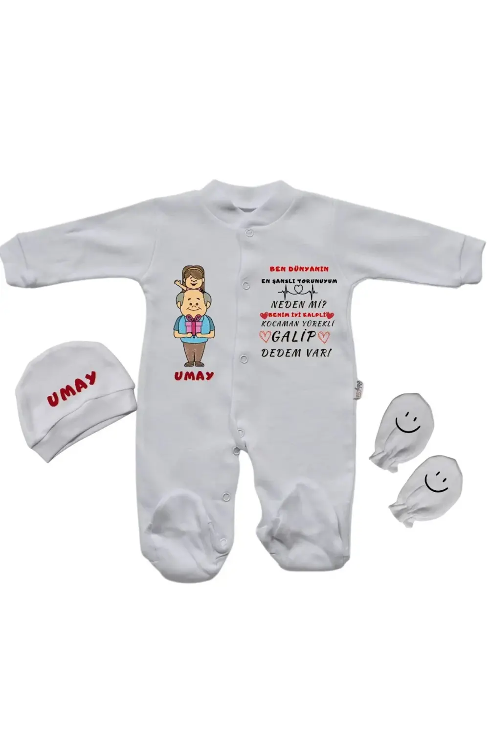 Kişiye Özel Baskılı Bebek Tulum Kocaman yürekli Dedem var kız beb