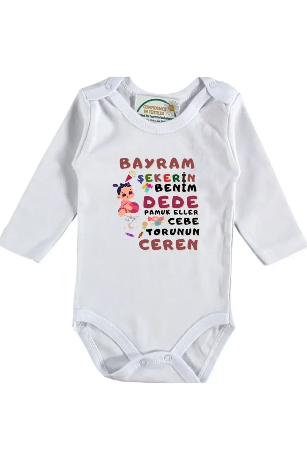 Kişiye özel Baskılı bebek Zıbın Bayram Şekeri Benim Dede Kız toru