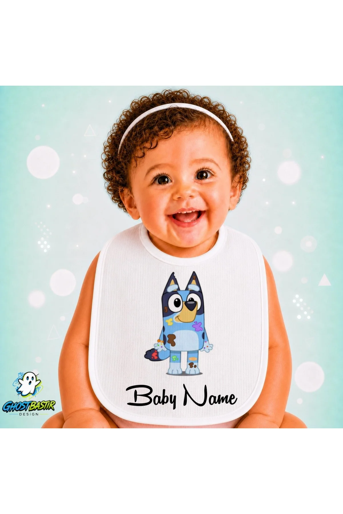 Kişiye Özel Bluey Keten Bebek Mama Önlüğü – Yumuşak, Emici, Yıkanabilir, Özel Tasarım P078