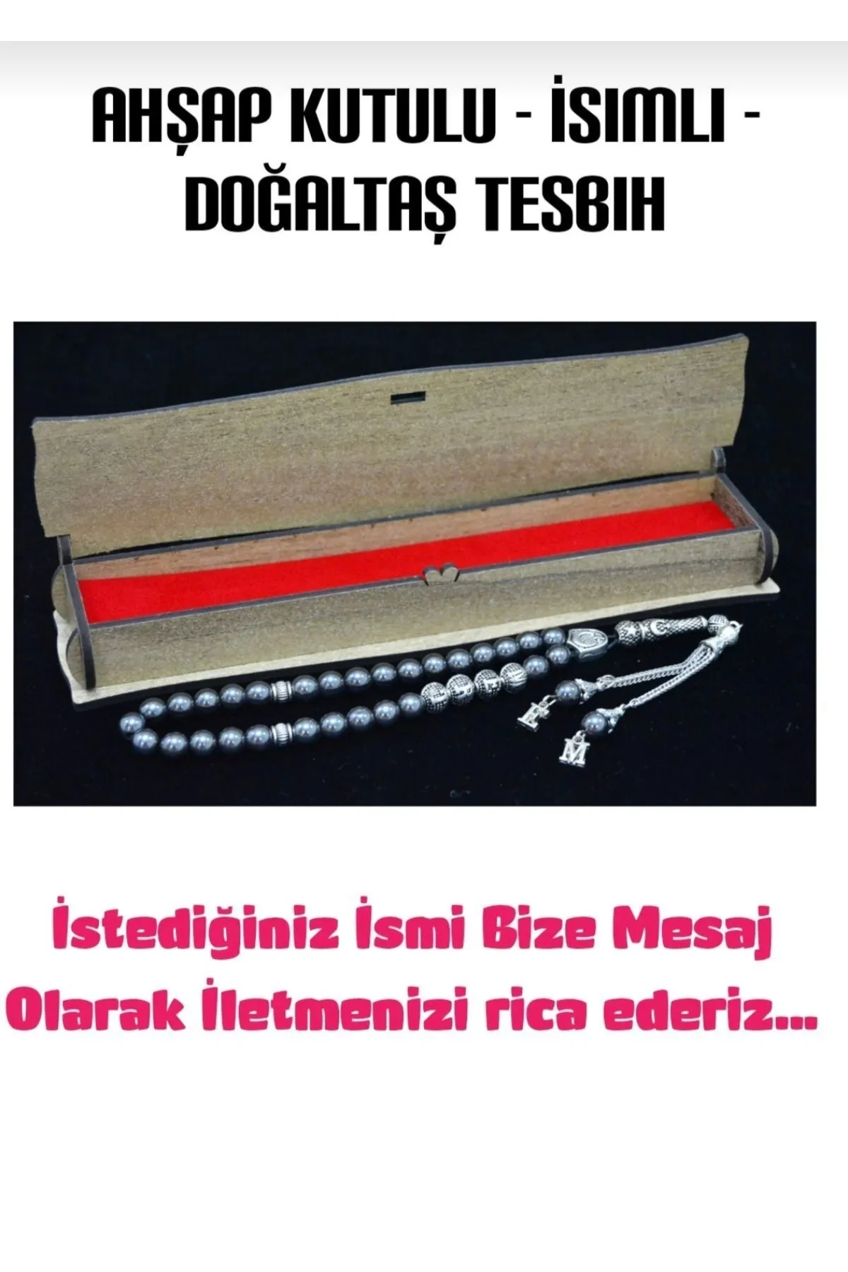 Kişiye Özel Çift Isimli Tesbih -hematit Doğal Taş Tesbih -2 Püsküllü Hediye Tesbih Ahşap Kutuda