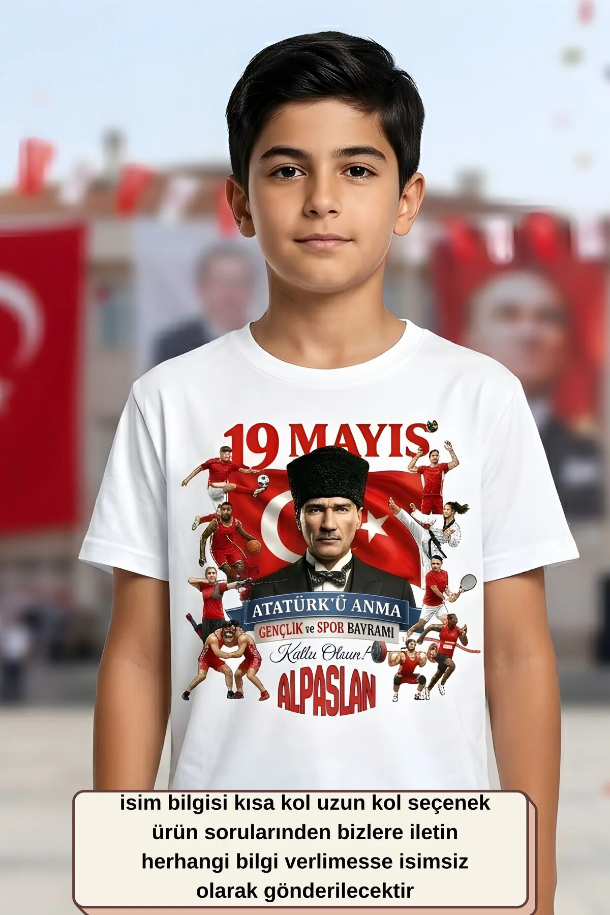 Kişiye Özel İsim Yazılı 19 Mayıs Atatürk ve Spor Temalı Çocuk Tişörtü - %100 Pamuk Kişiye Özel İsim Yazılı 19 Mayıs Atatürk ve Spor Temalı Çocuk Tişörtü - %100 Pamuk