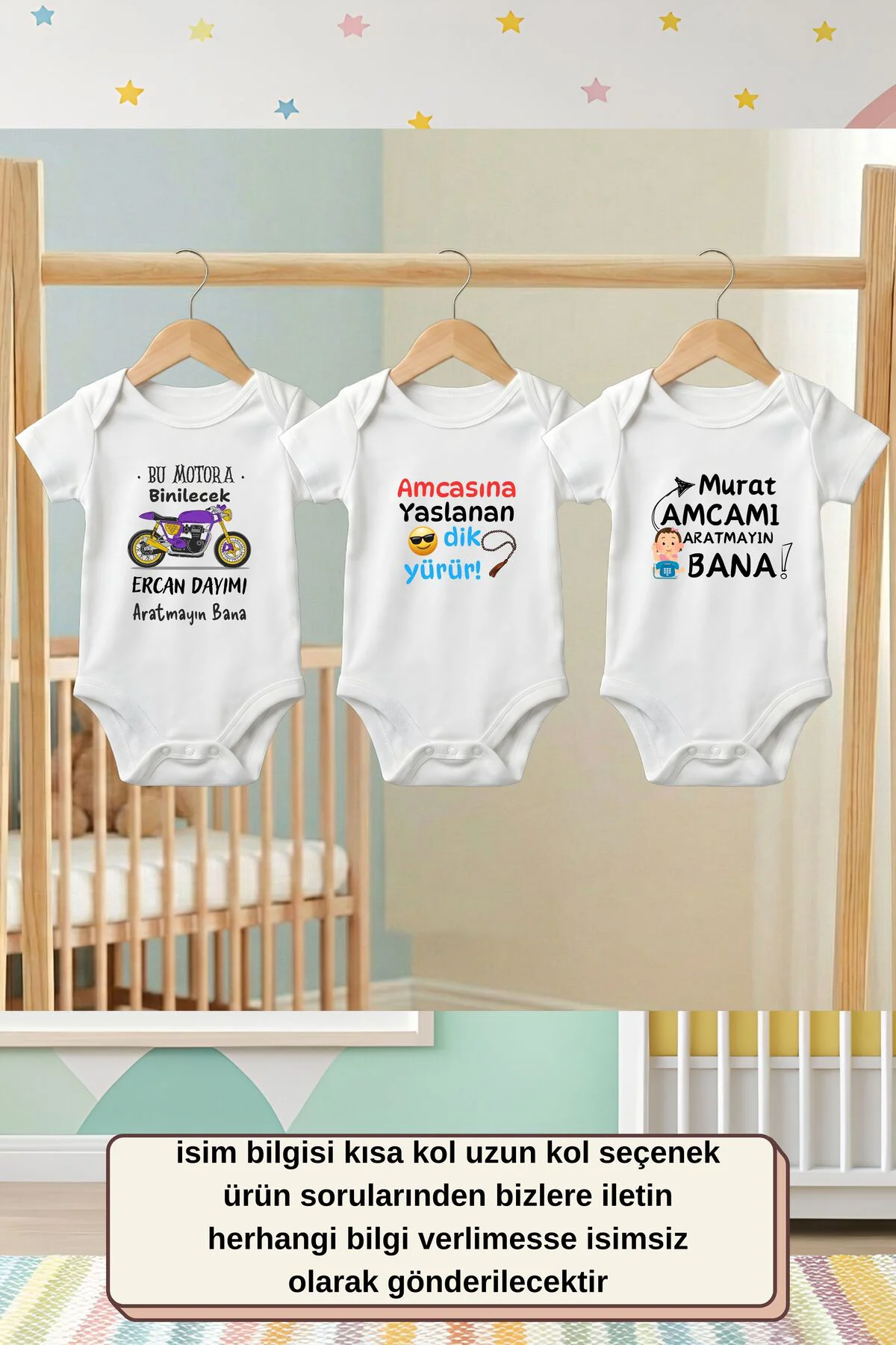 Kişiye Özel İsimli 3'lü Zıbın Seti: Eğlenceli Amca ve Dayı Tasarımlı Bebek Body Kişiye Özel İsimli 3'lü Zıbın Seti: Eğlenceli Amca ve Dayı Tasarımlı Bebek Body