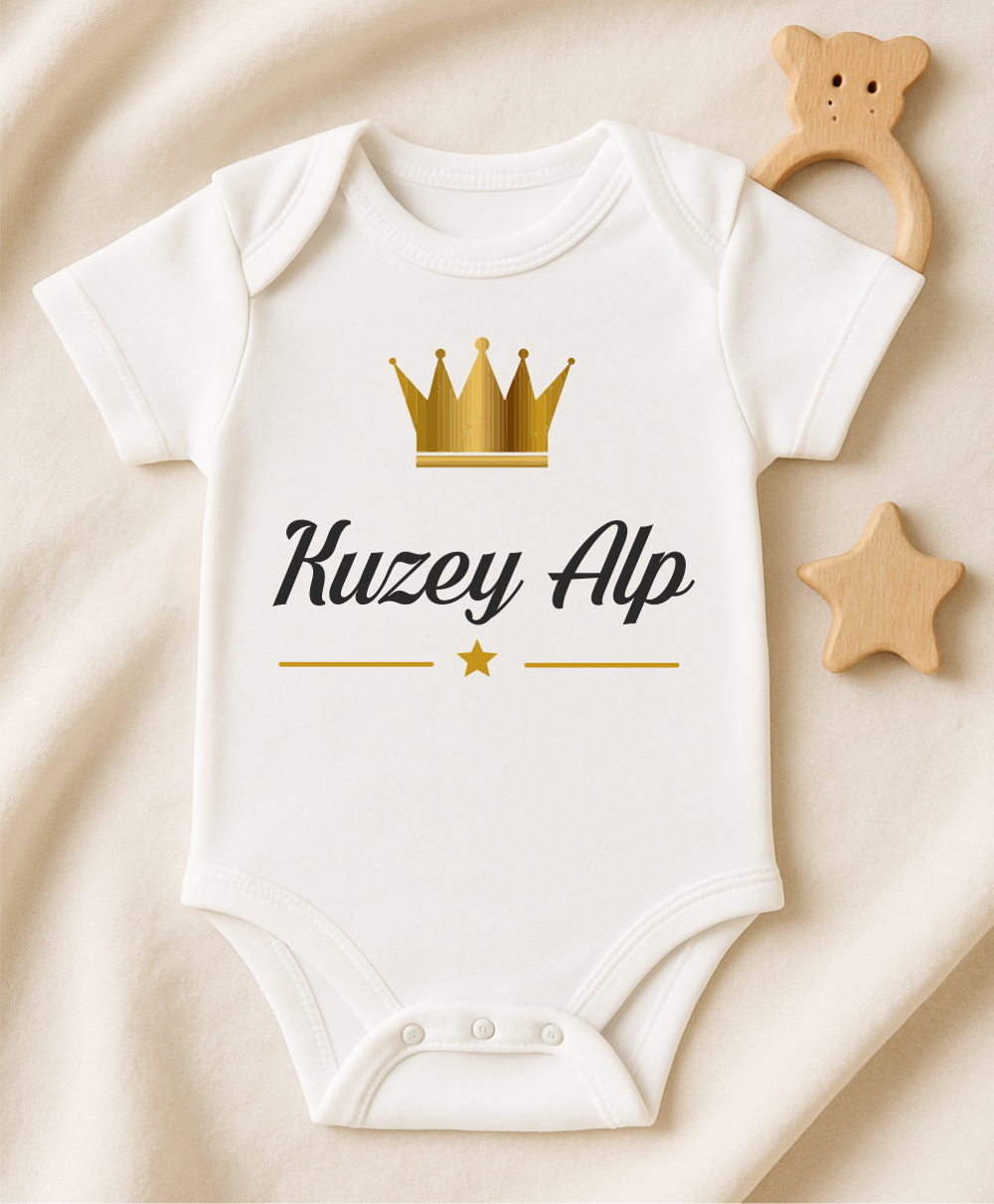 Kişiye Özel İsimli Bebek Body Gold Taçlı Yeni Doğan Zıbın077