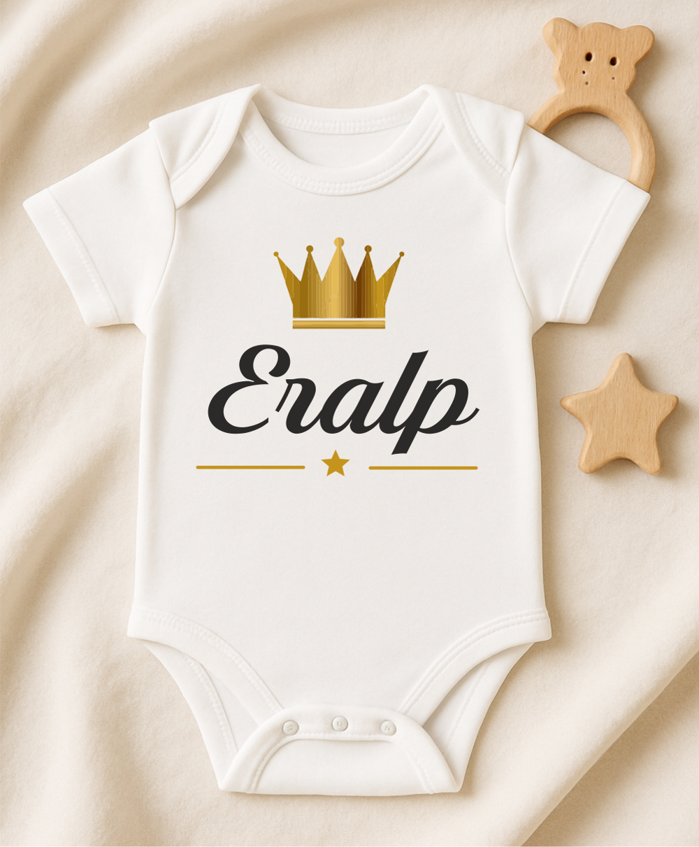 Kişiye Özel İsimli Bebek Body Gold Taçlı Yeni Doğan Zıbın035