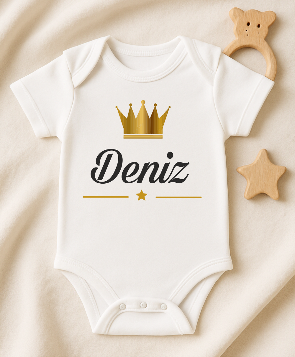 Kişiye Özel İsimli Bebek Body Gold Taçlı Yeni Doğan Zıbın029