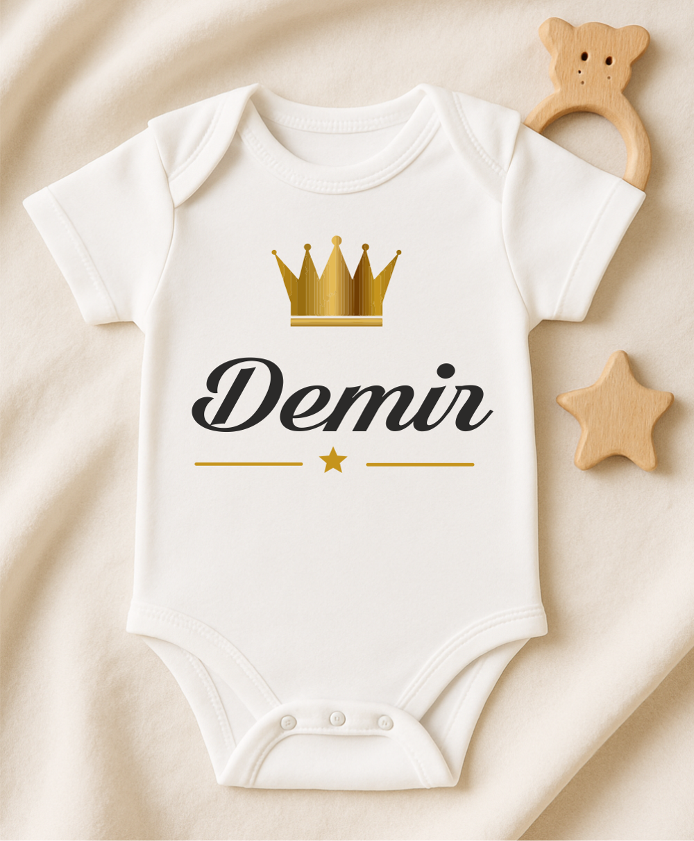 Kişiye Özel İsimli Bebek Body Gold Taçlı Yeni Doğan Zıbın028