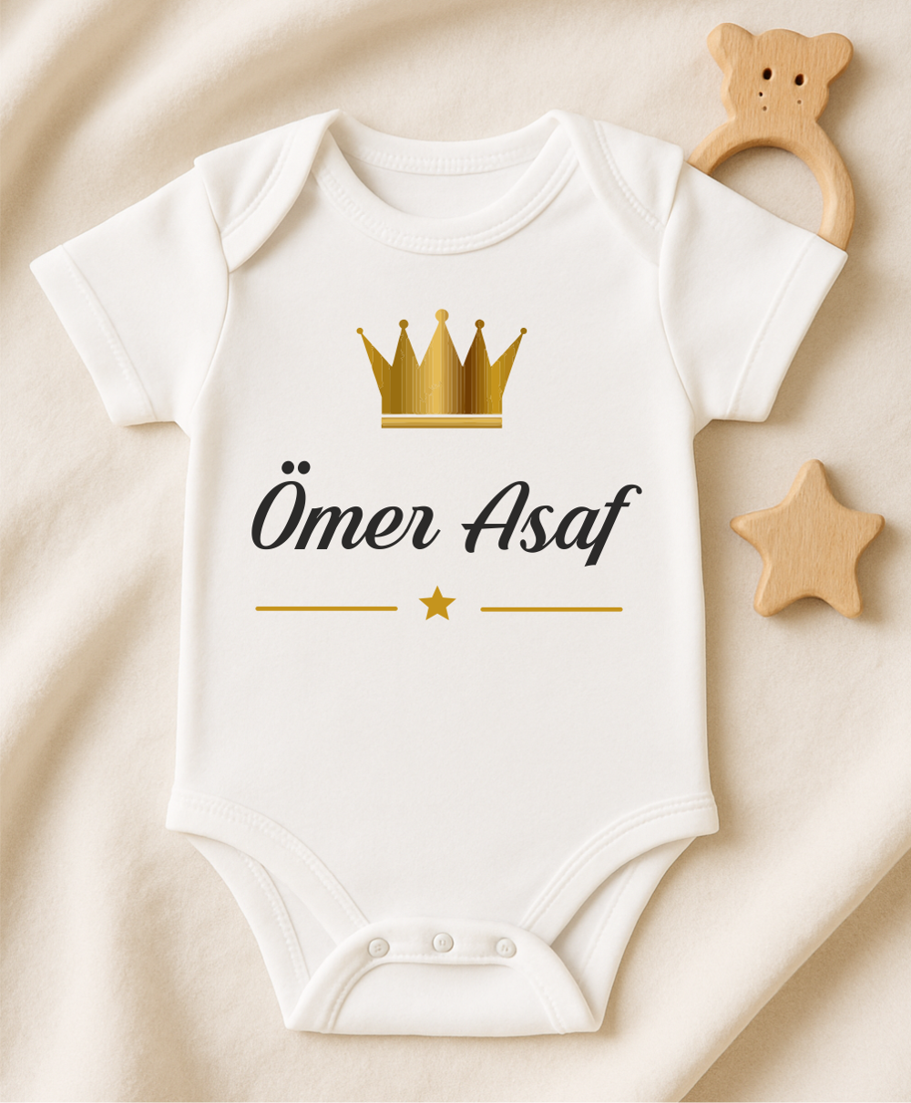 Kişiye Özel İsimli Bebek Body Gold Taçlı Yeni Doğan Zıbın096