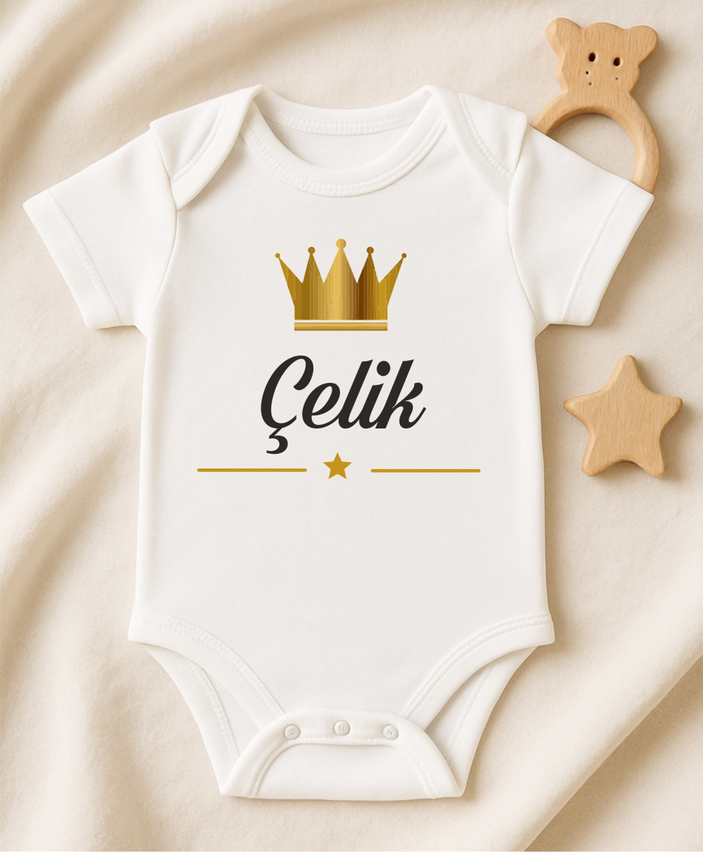 Kişiye Özel İsimli Bebek Body Gold Taçlı Yeni Doğan Zıbın025