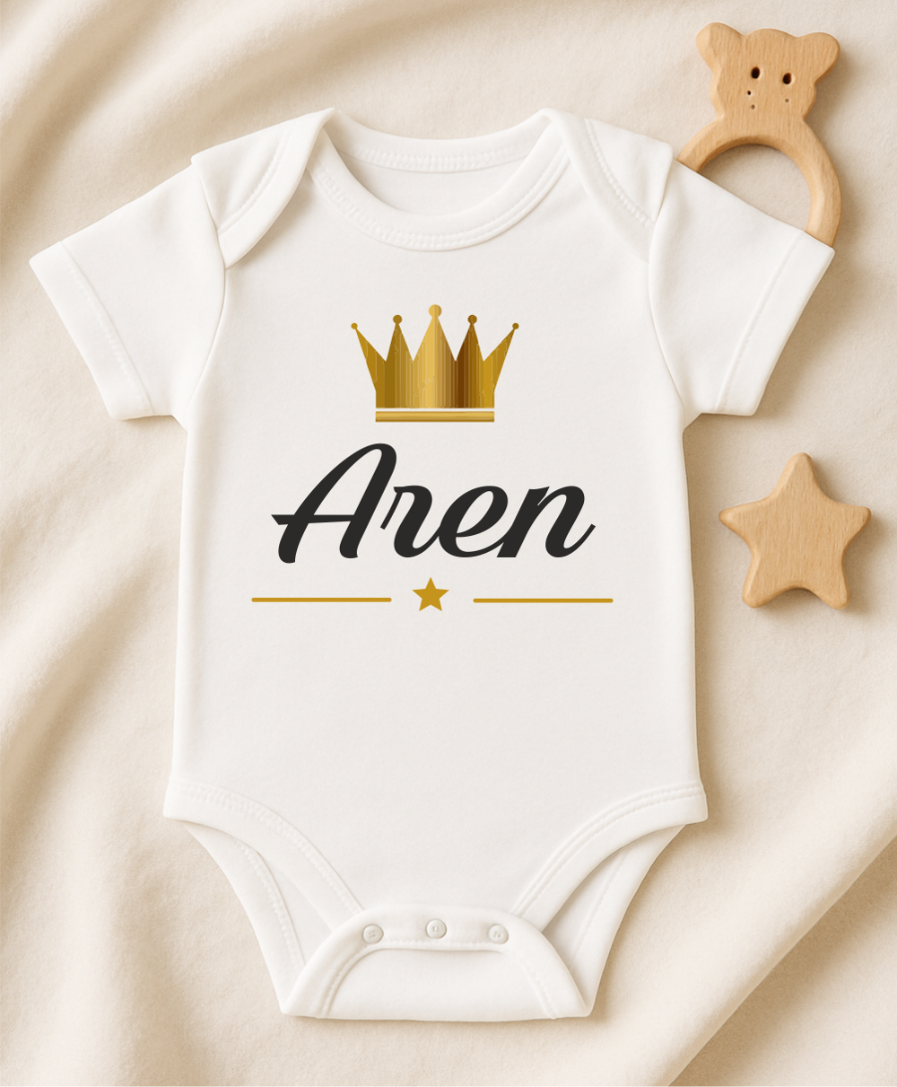 Kişiye Özel İsimli Bebek Body Gold Taçlı Yeni Doğan Zıbın Aren