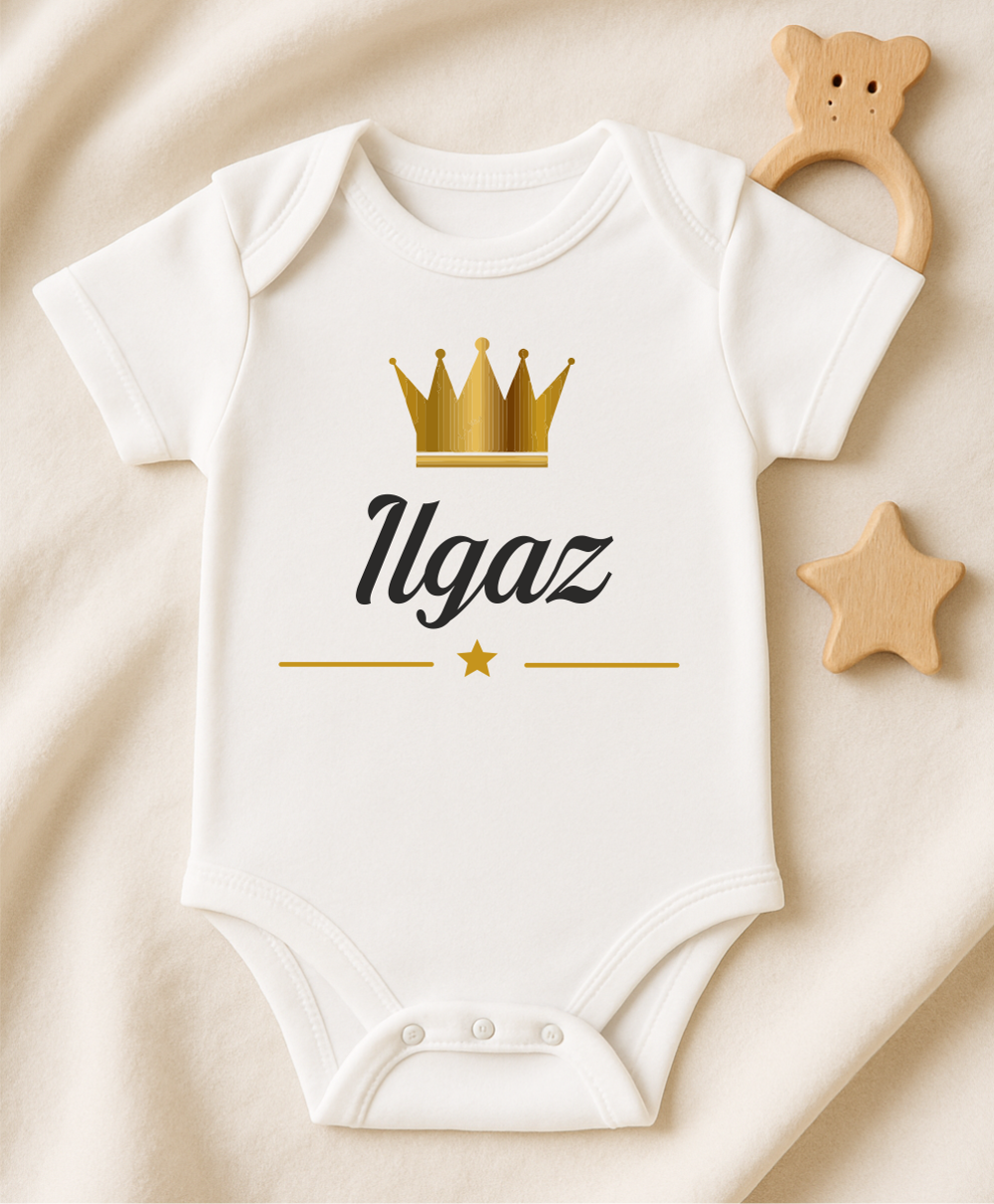 Kişiye Özel İsimli Bebek Body Gold Taçlı Yeni Doğan Zıbın067