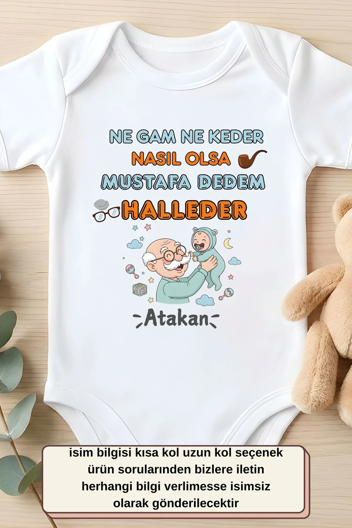 Kişiye Özel İsimli Dedem Halleder Baskılı Pamuklu Bebek Body Zıbı