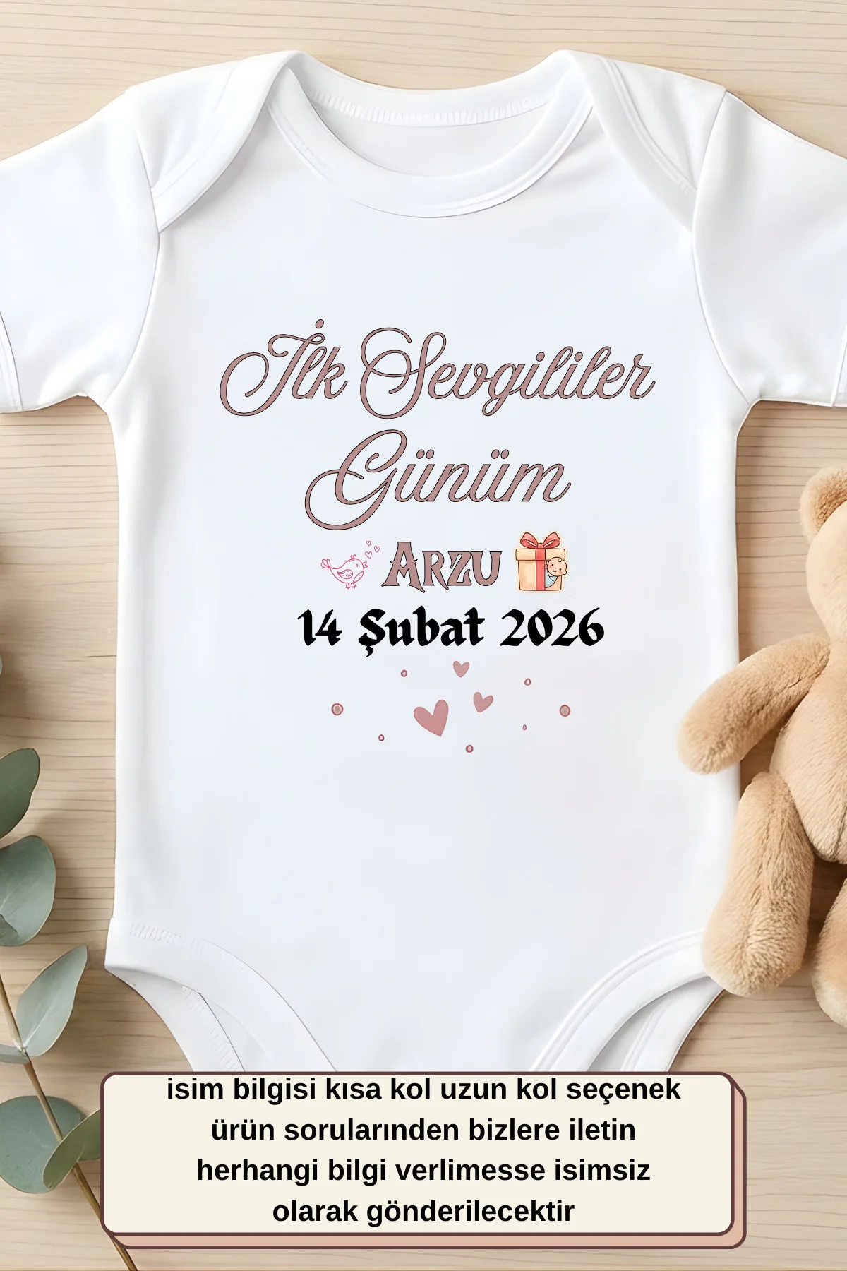 Kişiye Özel İsimli İlk Sevgililer Günüm Temalı Bebek Zıbın - 14 Şubat Hediyesi Pamuklu Body