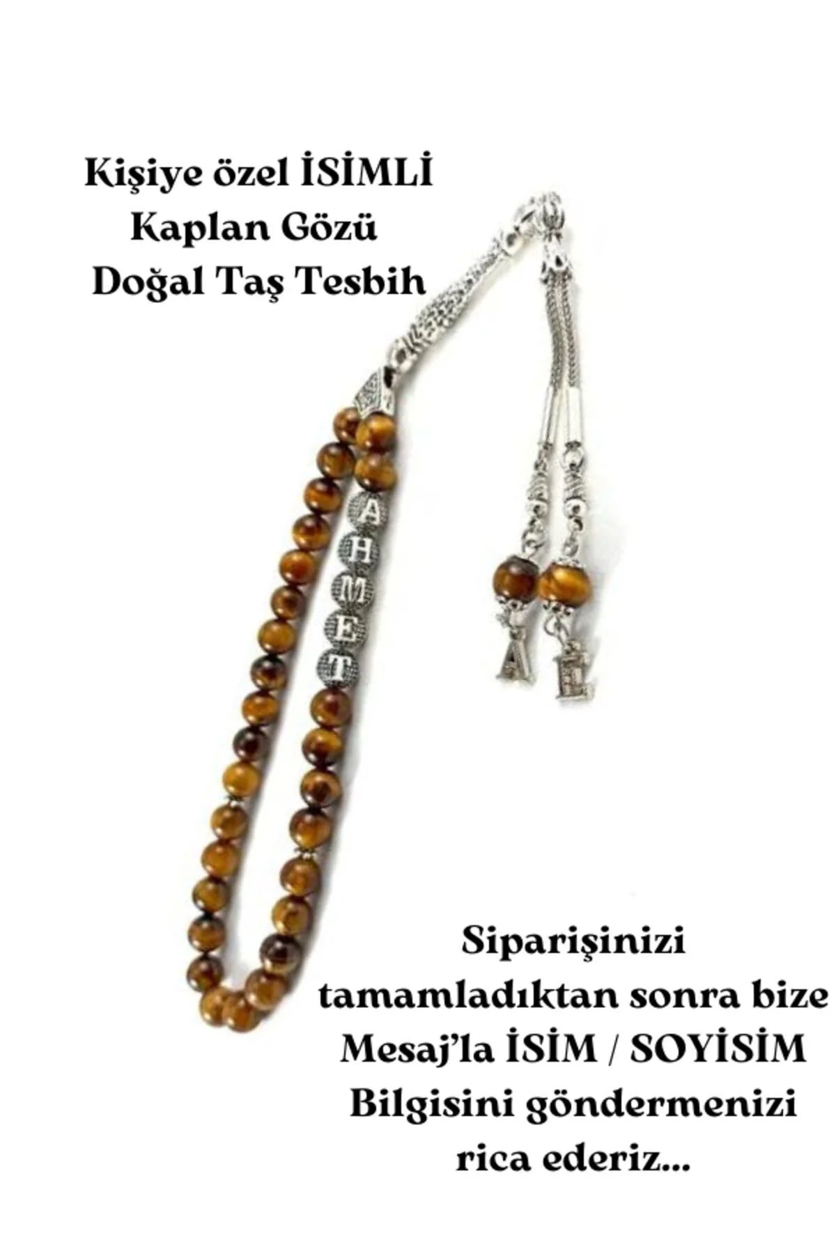 Kişiye Özel Isimli - Kaplan Gözü Tesbih - Püskül Ucu Harfli - Ahşap Kutulu