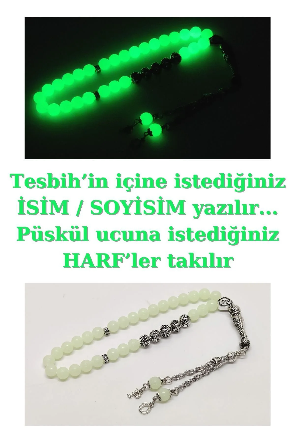 Kişiye Özel Isimli - Püskül Ucu Harfli - Fosforlu Kedigözü Tesbih