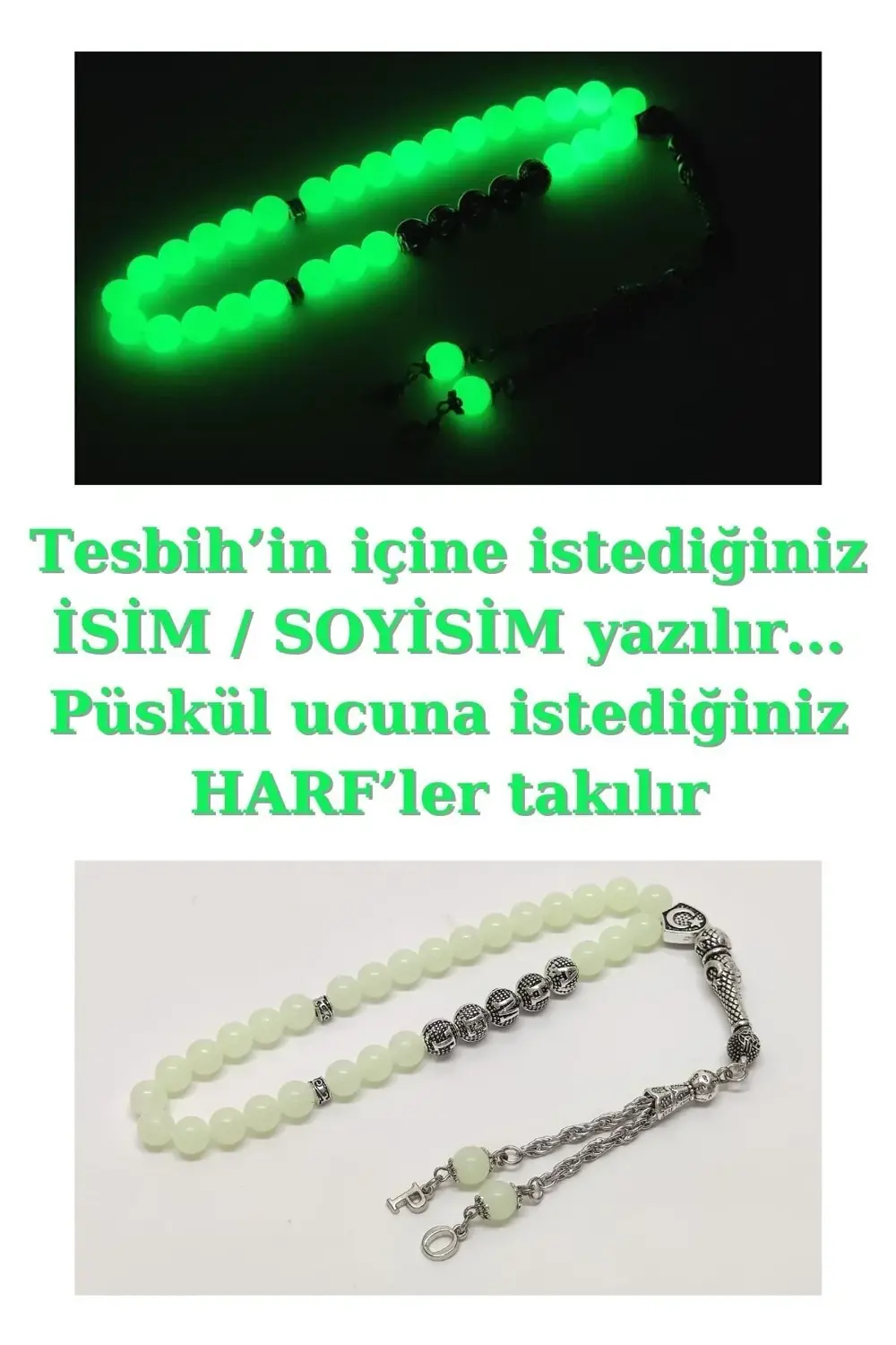 Kişiye Özel Isimli - Püskül Ucu Harfli - Fosforlu Kedigözü Tesbih