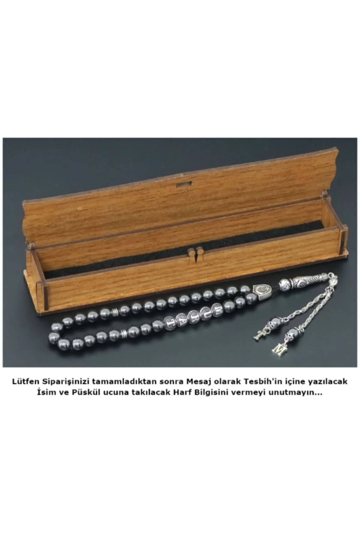 Kişiye Özel Isimli Tesbih - Hematit Taşı - Harfli Püsküllü Tesbih - Ahşap Kutu'lu Doğal Taş Tesbih