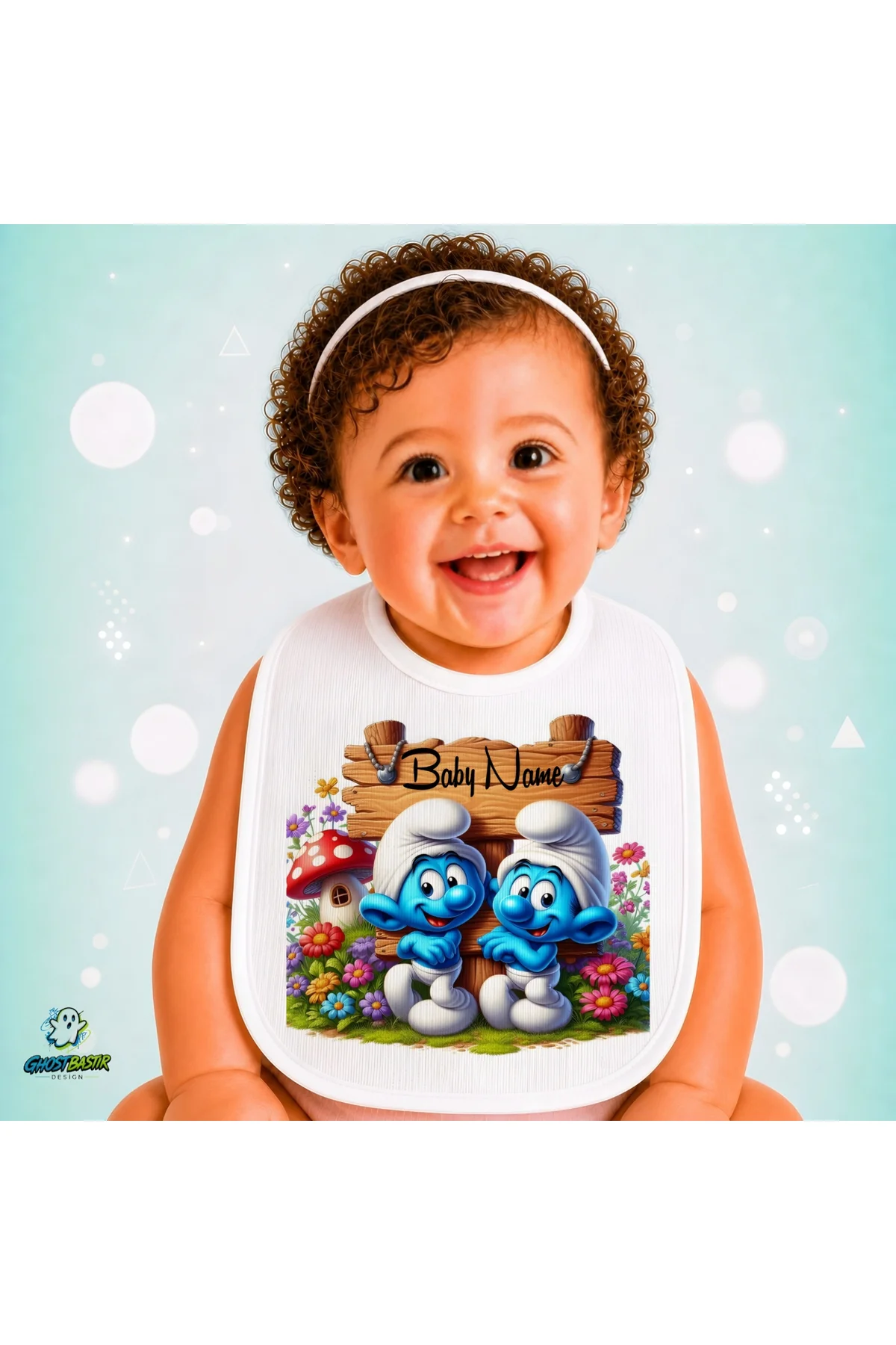 Kişiye Özel Şirinler Keten Bebek Mama Önlüğü – Yumuşak, Emici, Yıkanabilir, Özel Tasarım P112