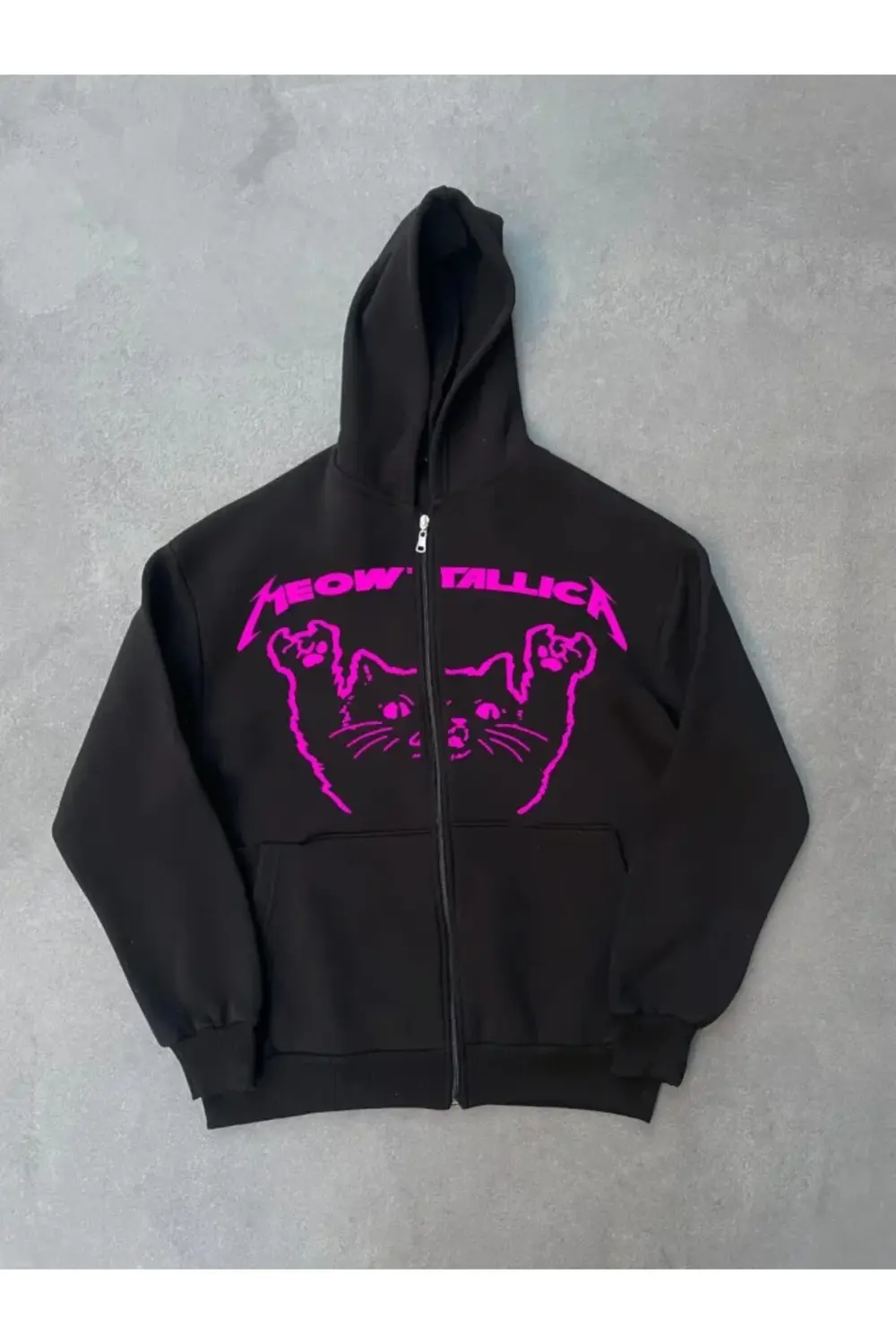 Kışlık Baskılı Fermuarlı Kapüşonlu Hırka - Siyah