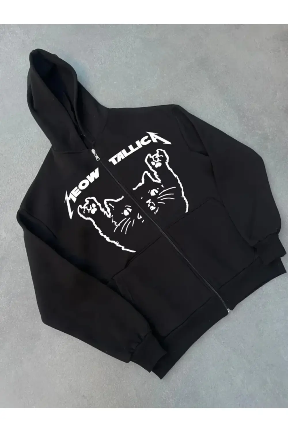 Kışlık Baskılı Fermuarlı Kapüşonlu Hırka - Siyah