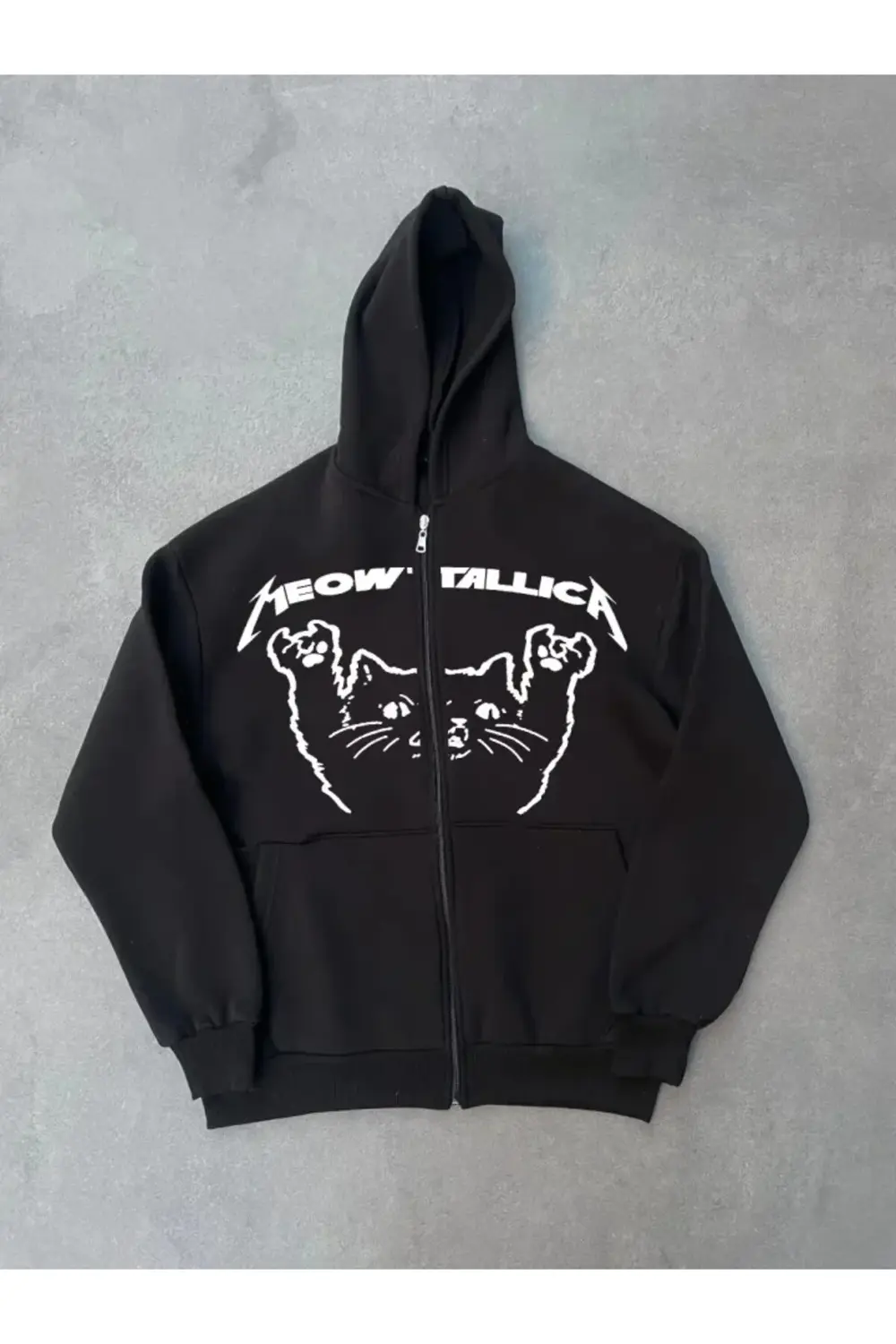 Kışlık Baskılı Fermuarlı Kapüşonlu Hırka - Siyah