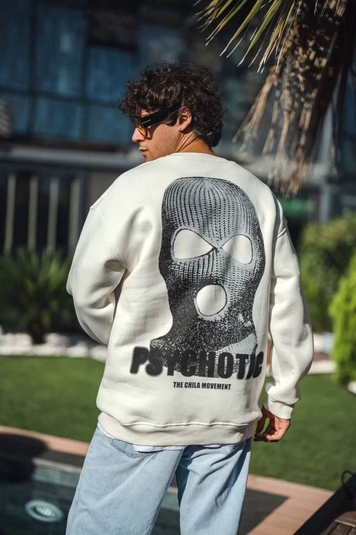 Kışlık Bisiklet Yaka Baskılı Sweatshirt - Beyaz