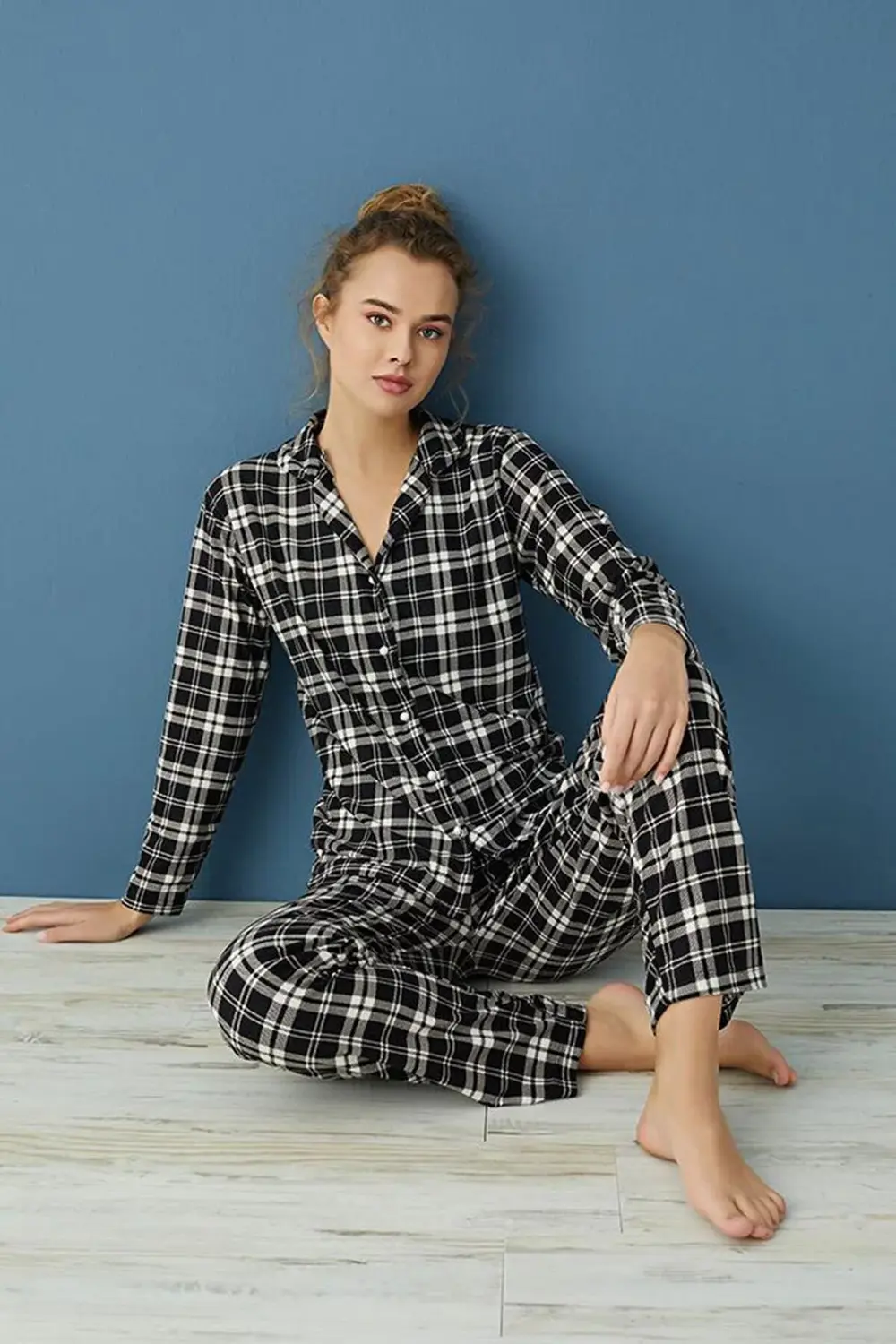 Kışlık Boy Düğme Kadın Ekose Pijama Takımı