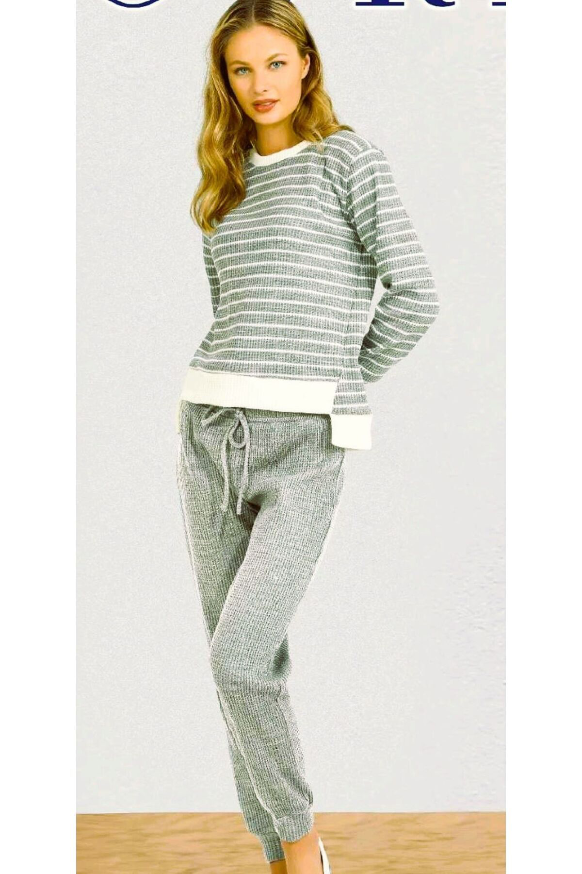 Dowry Kişlik Örme Uzun Kol Kadin Pijama Takimi Gri