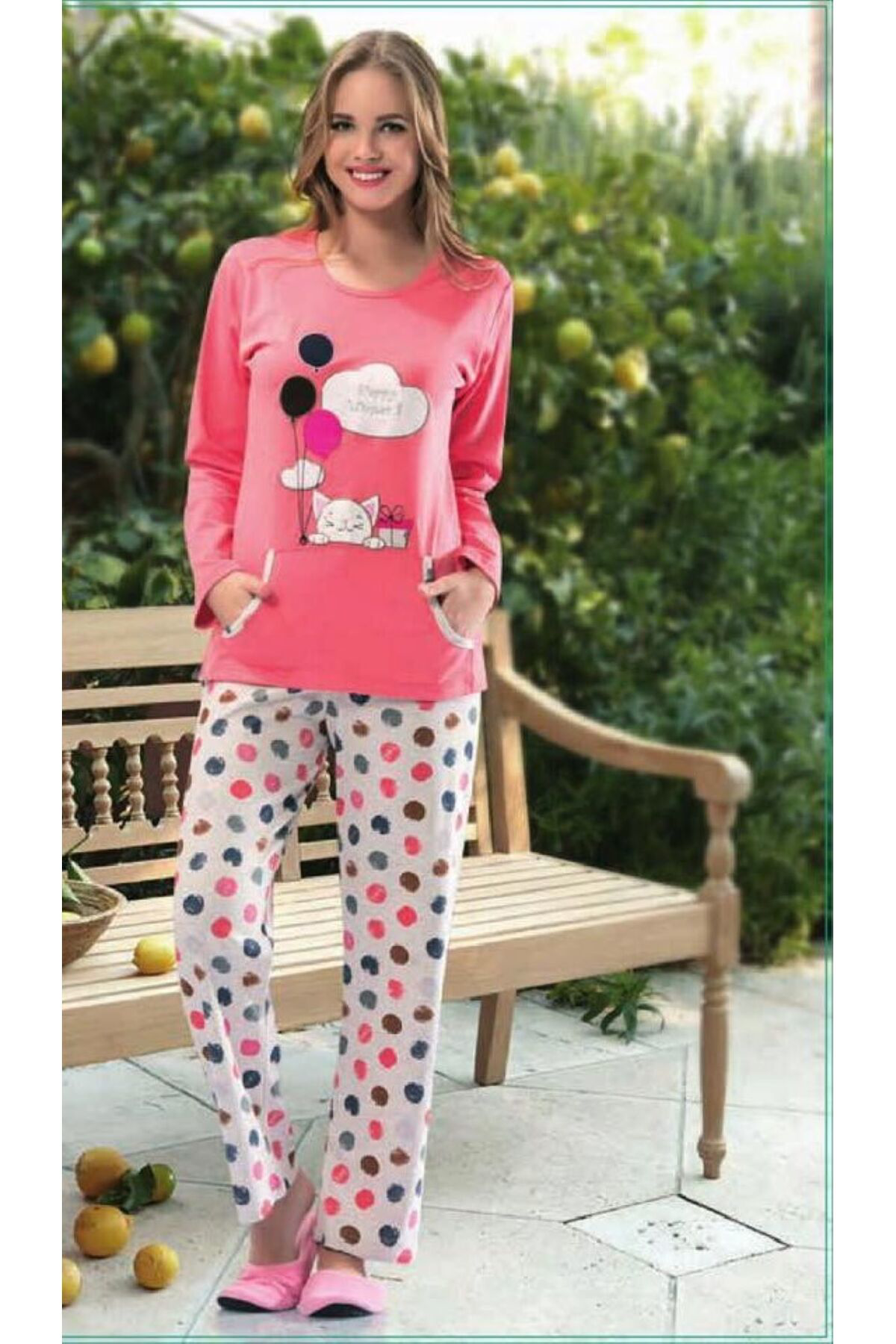 Kışlık Pijama Pamuklu Takımı Nar Çiçeği