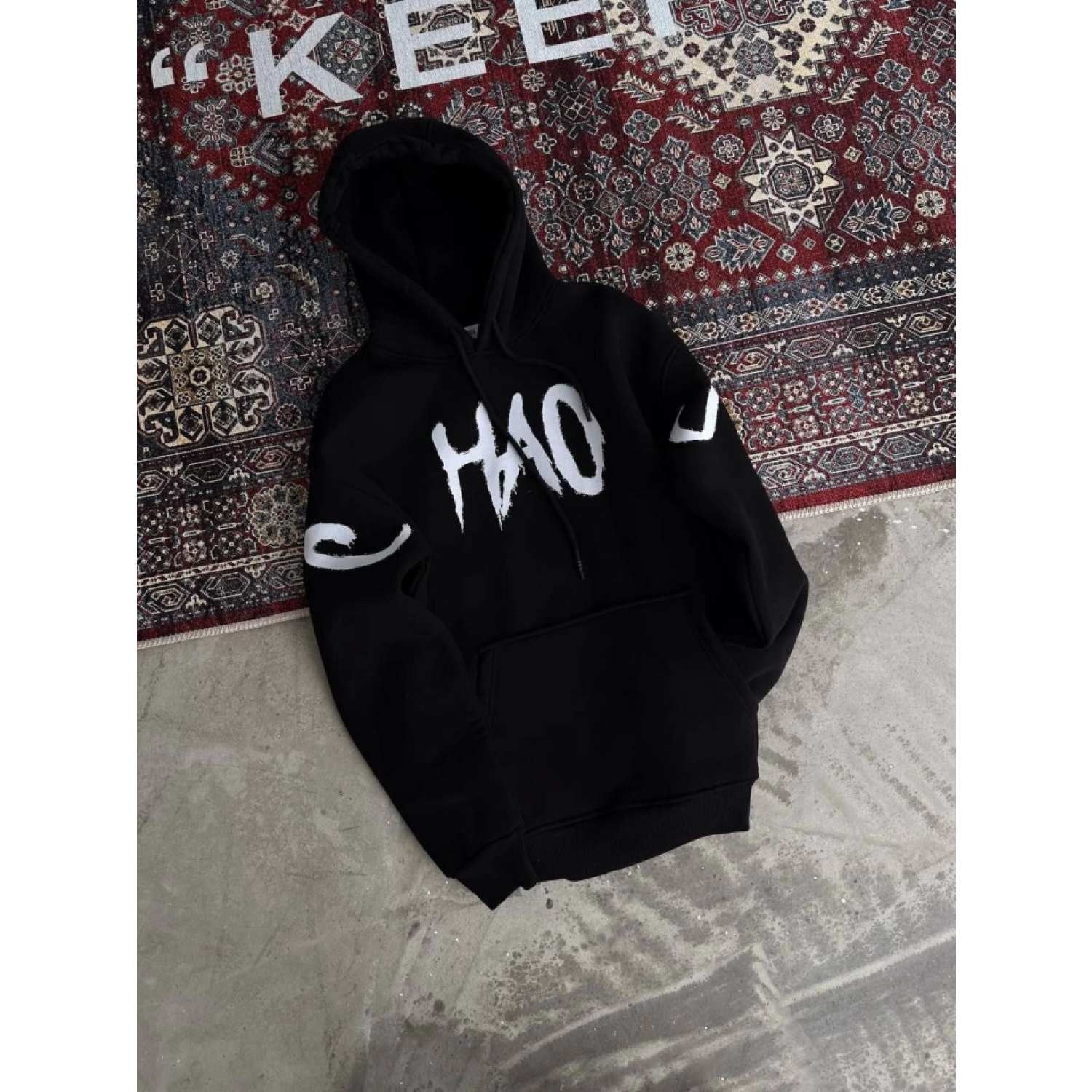 Kışlık Üç İplik Kapşonlu Baskılı SweatShirt - Siyah Kışlık Üç İplik Kapşonlu Baskılı SweatShirt - Siyah