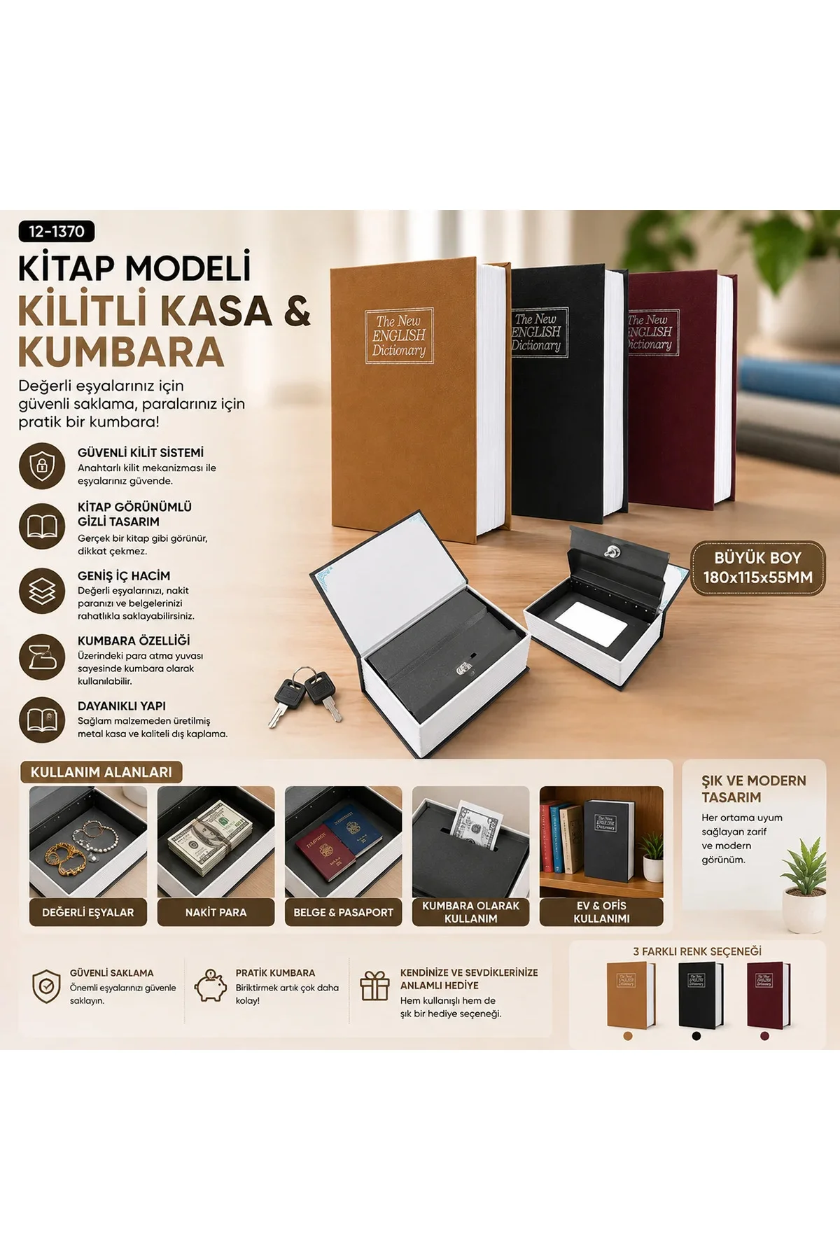 Kitap Modeli Kilitli Kasa Kumbara Büyük 180x115x55 mm