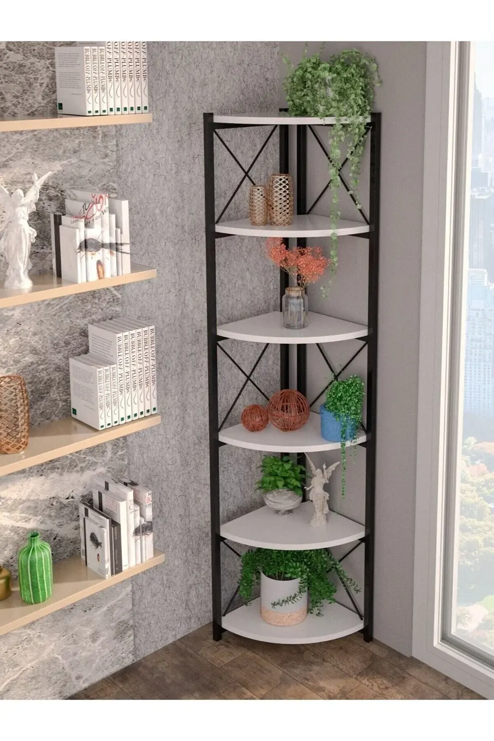 Kitaplık Çiçeklik 6 Raflı Beyaz