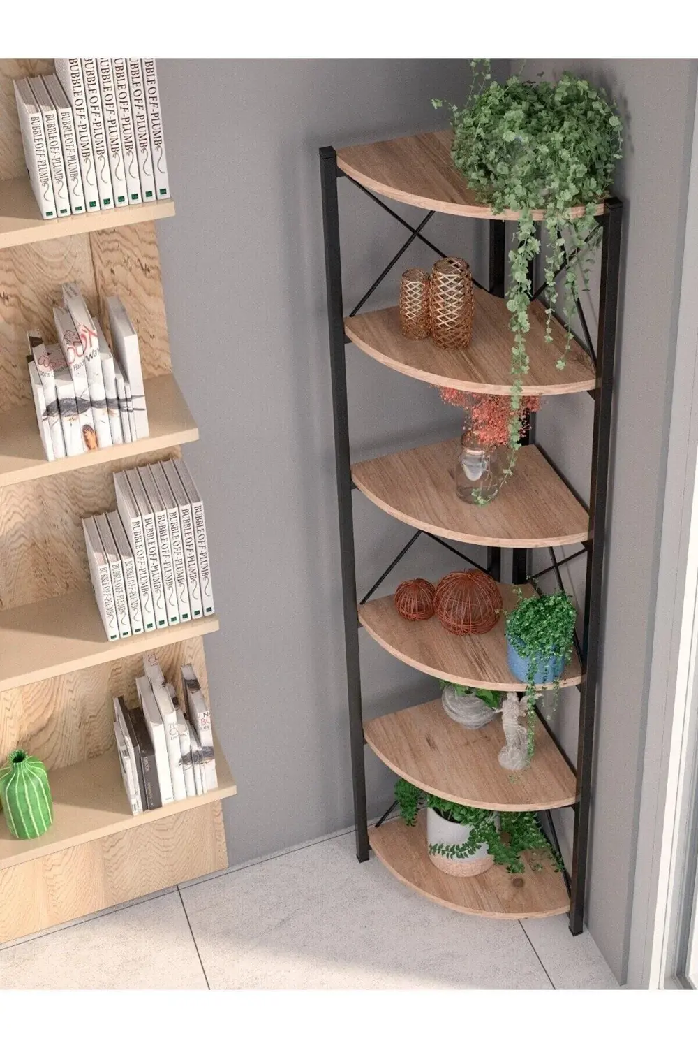 Kitaplık Çiçeklik 6 Raflı Ceviz Çok Amaçlı Stand Altı Bölmeli 160