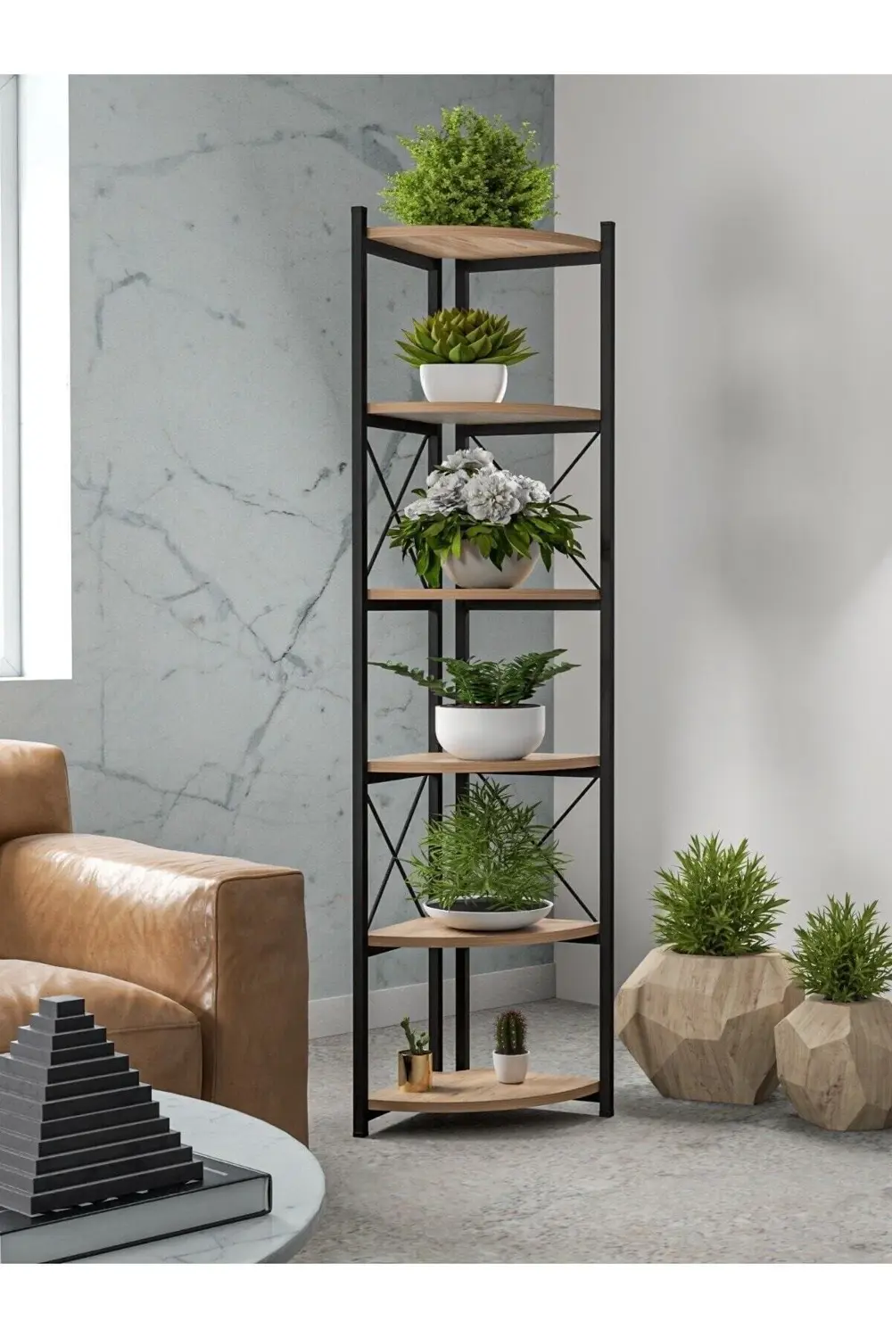 Kitaplık Çiçeklik 6 Raflı Ceviz Çok Amaçlı Stand Altı Bölmeli 160